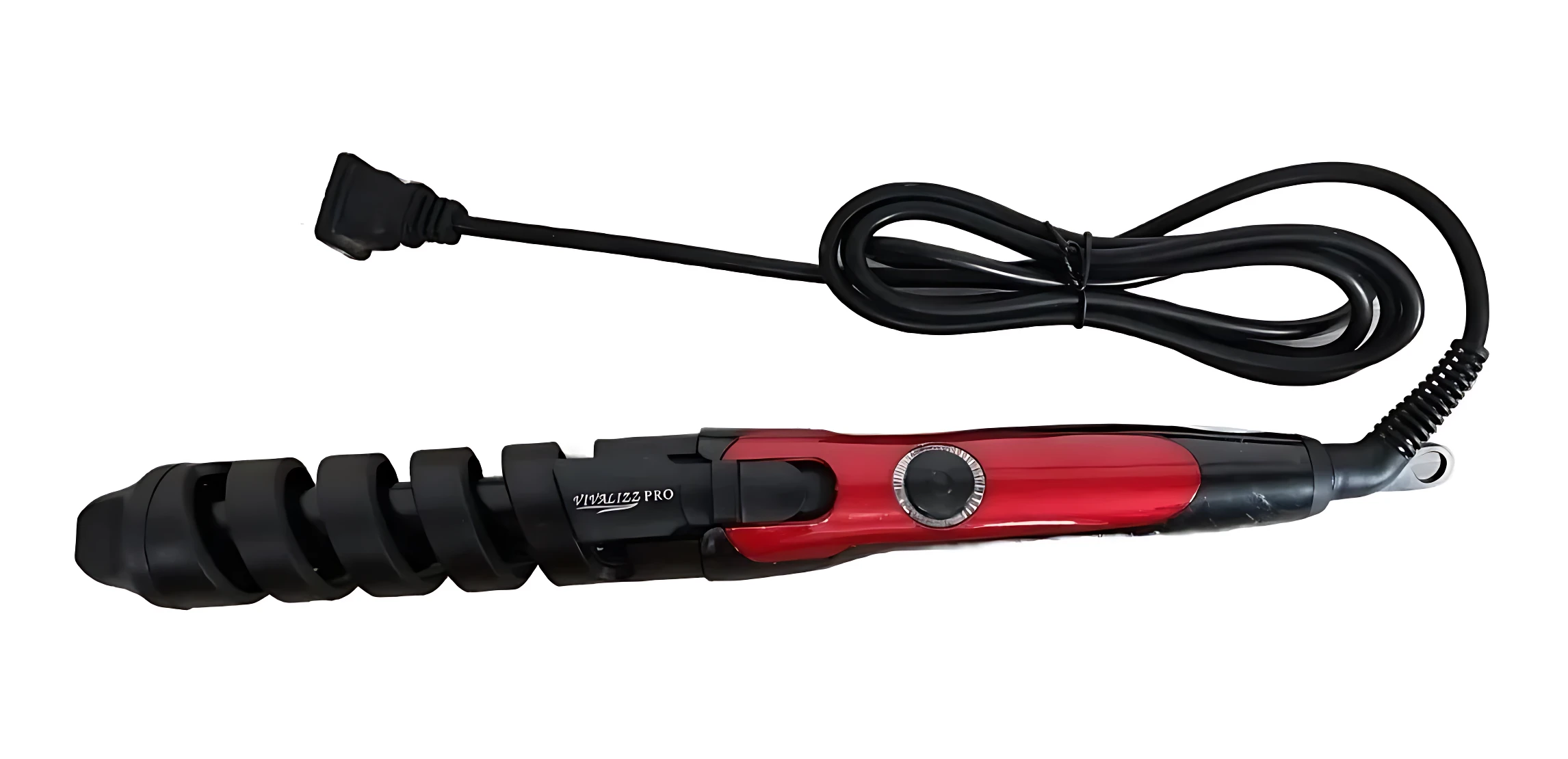 Rizador de cabello barril espiral VIVALIZZ PRO rojo con dial de temperatura y cable negro.