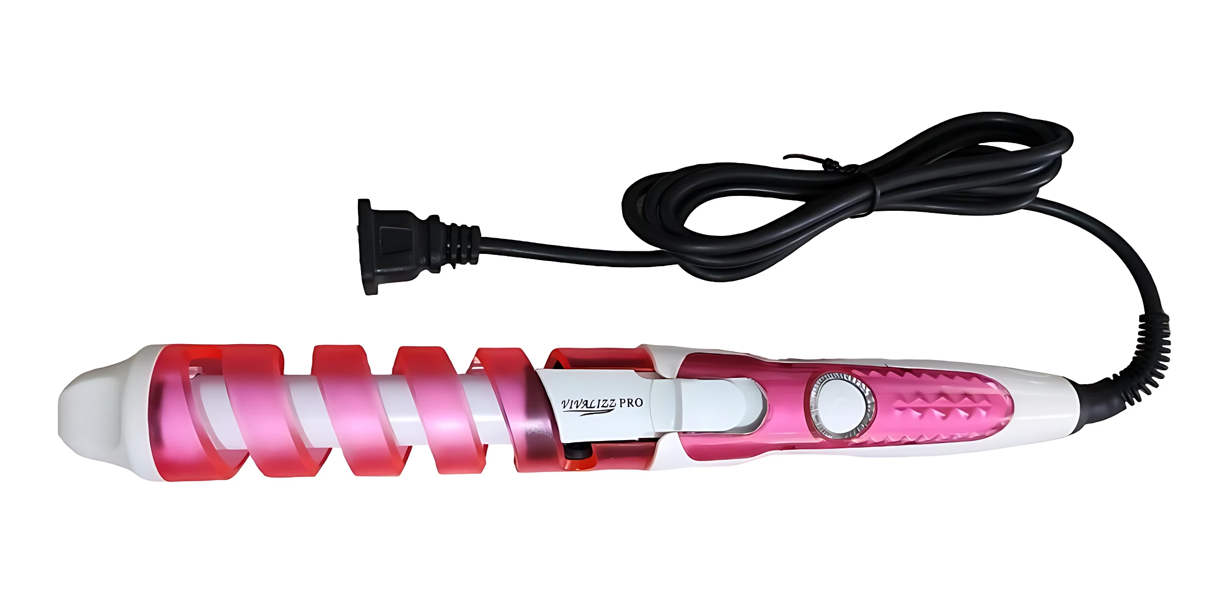 Rizador de cabello con barril espiral rosa y blanco, cable negro, ideal para crear rizos definidos.