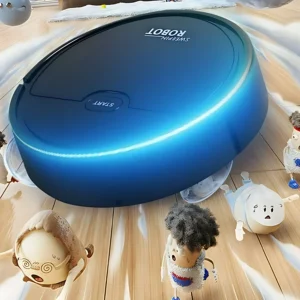 Robot aspirador eléctrico azul brillante con luz LED, botón de inicio visible, sobre suelo de madera.