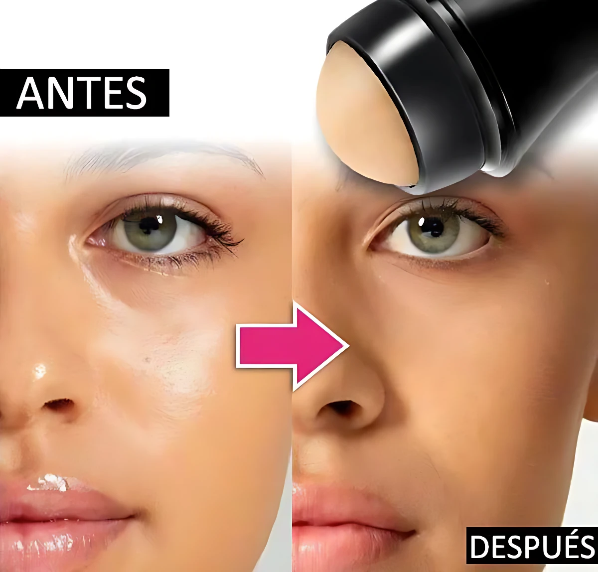 Set x2 Roll-On Quita Grasa Portátil, antes y después de su uso en rostro, eliminando brillo.
