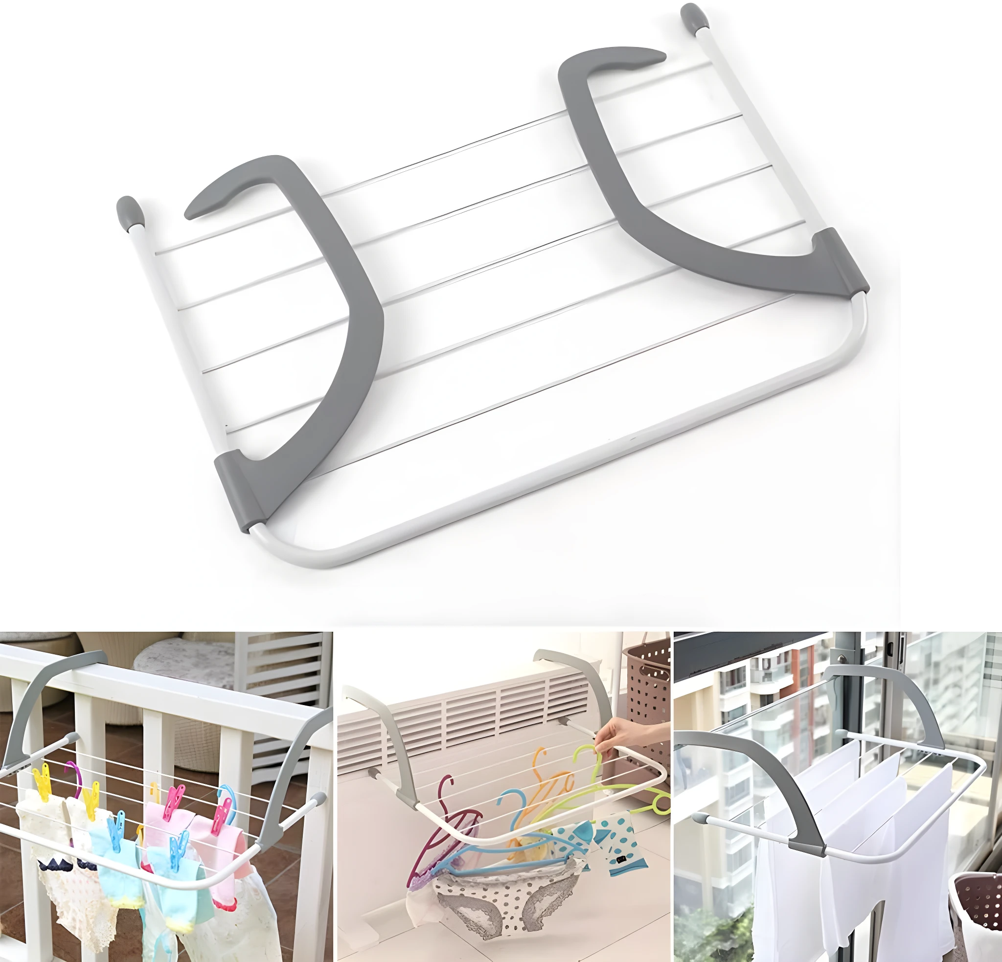 Secador de ropa blanco y gris plegable para colgar en ventanas, balcones o radiadores.