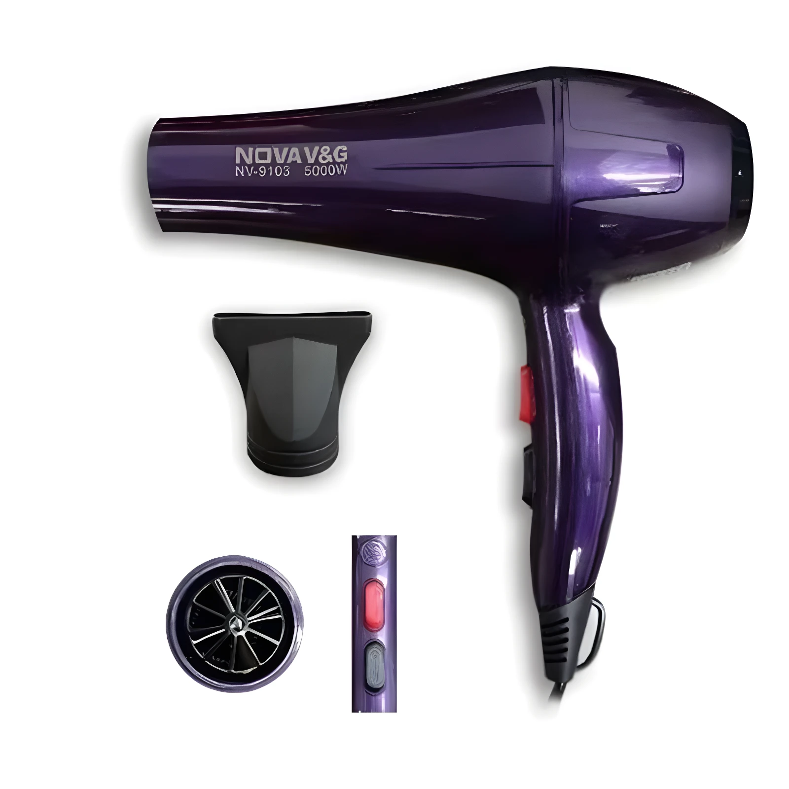 Secador de pelo Nova morado 5000W, con boquilla y detalles de botones visibles.