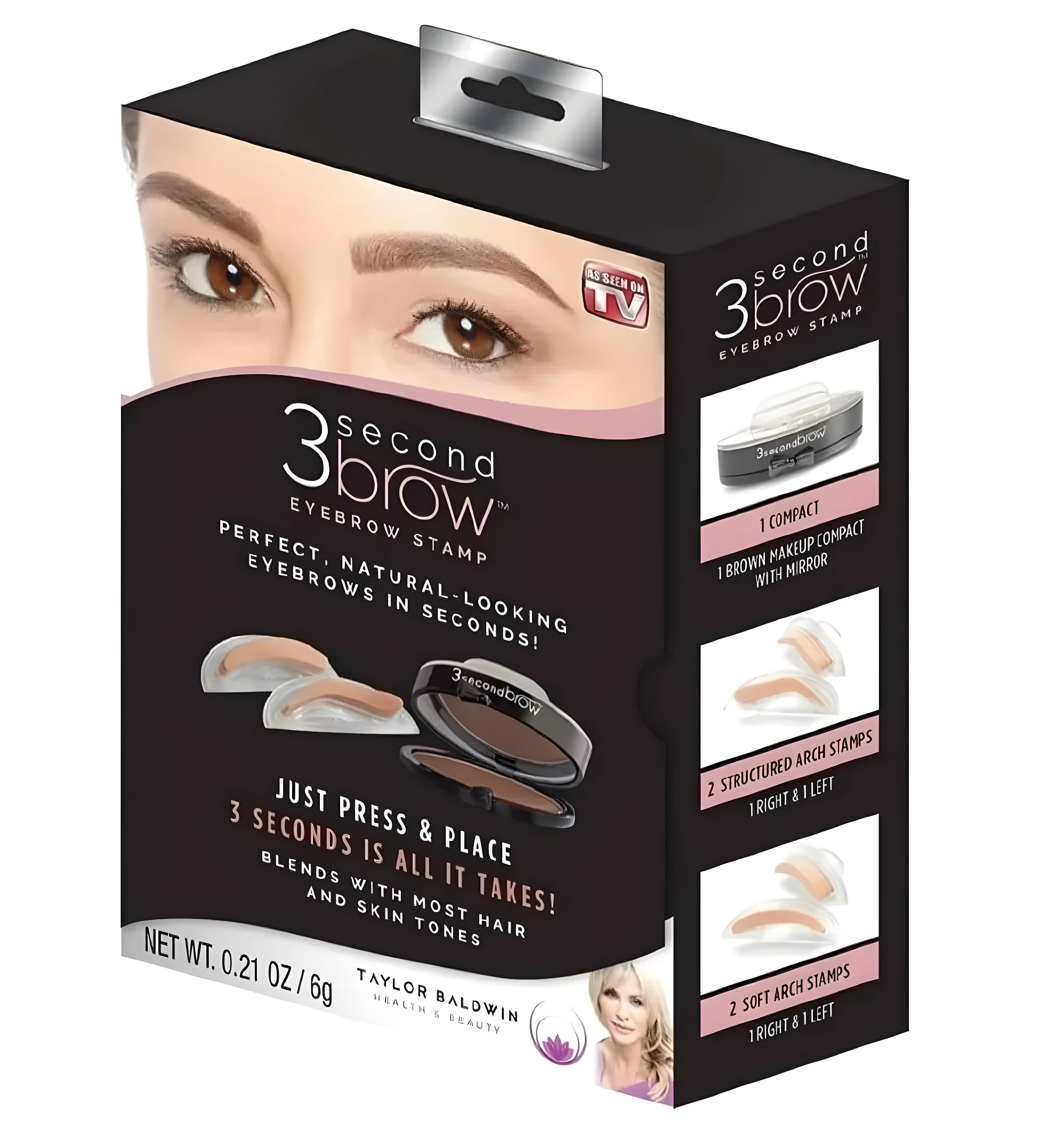 Caja Sello para Cejas de 3 Segundos con compacta marrón, 2 sellos estructurados y 2 suaves, ideal para cejas perfectas.