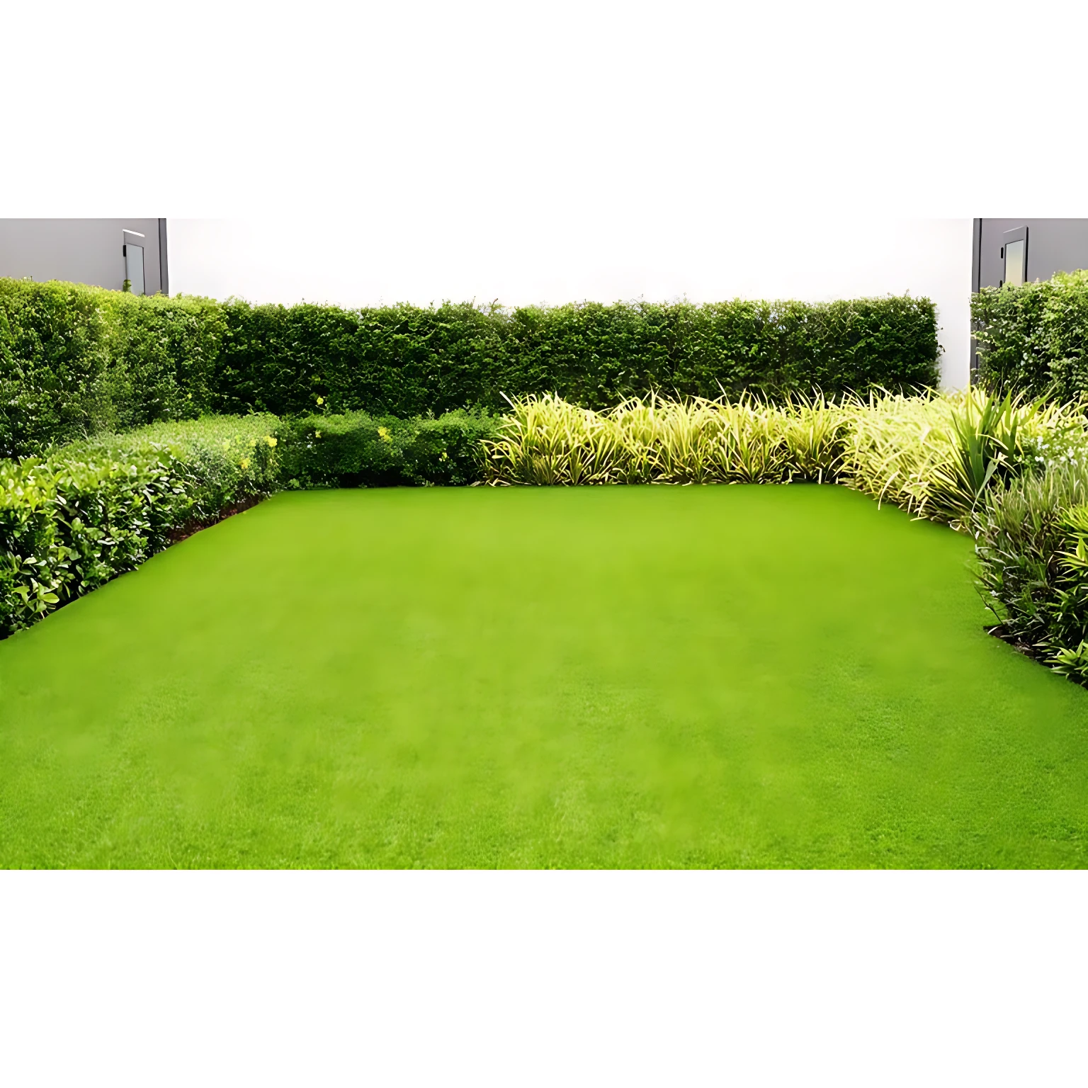 Césped verde intenso para cancha de fútbol de rápido crecimiento, con borde de arbustos y plantas decorativas.