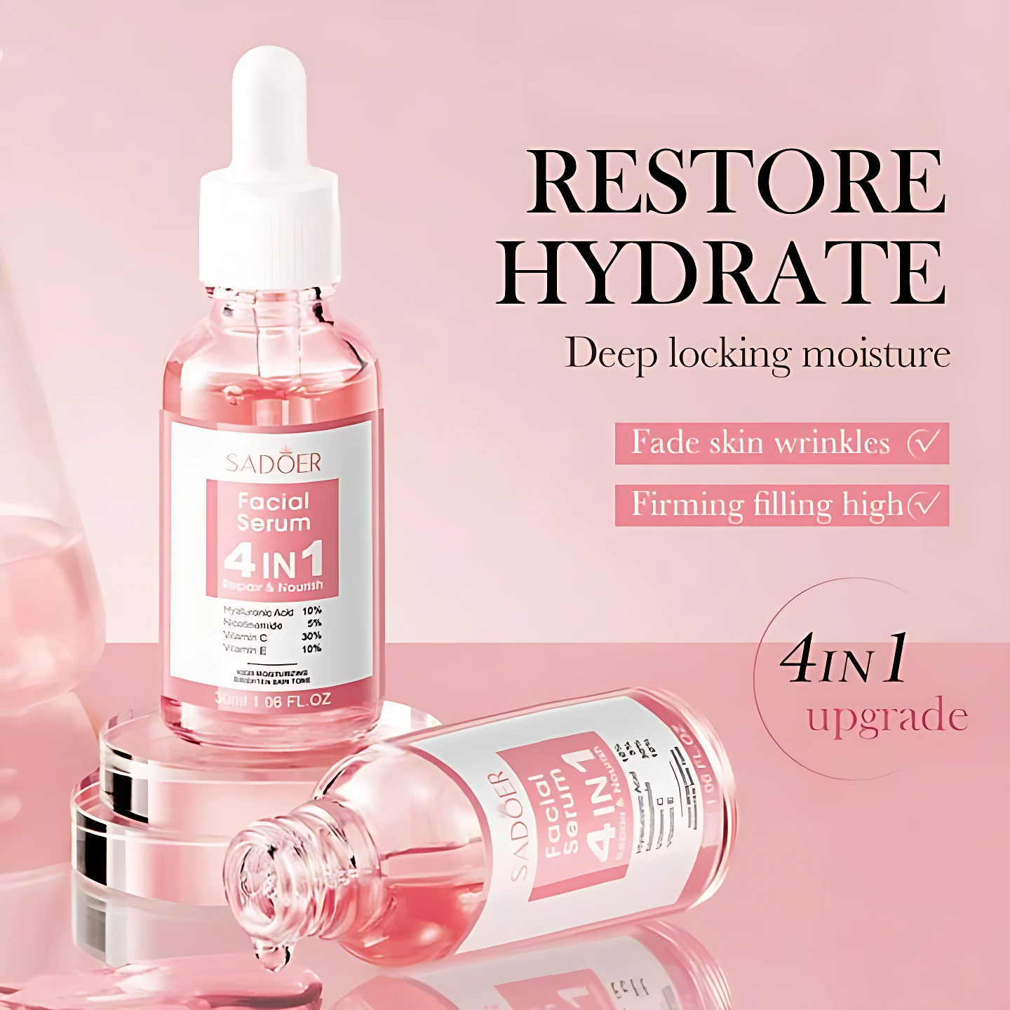 Serum facial Sadoer 4 en 1 en envase de vidrio rosa, con gotero, que promete hidratar y restaurar la piel.