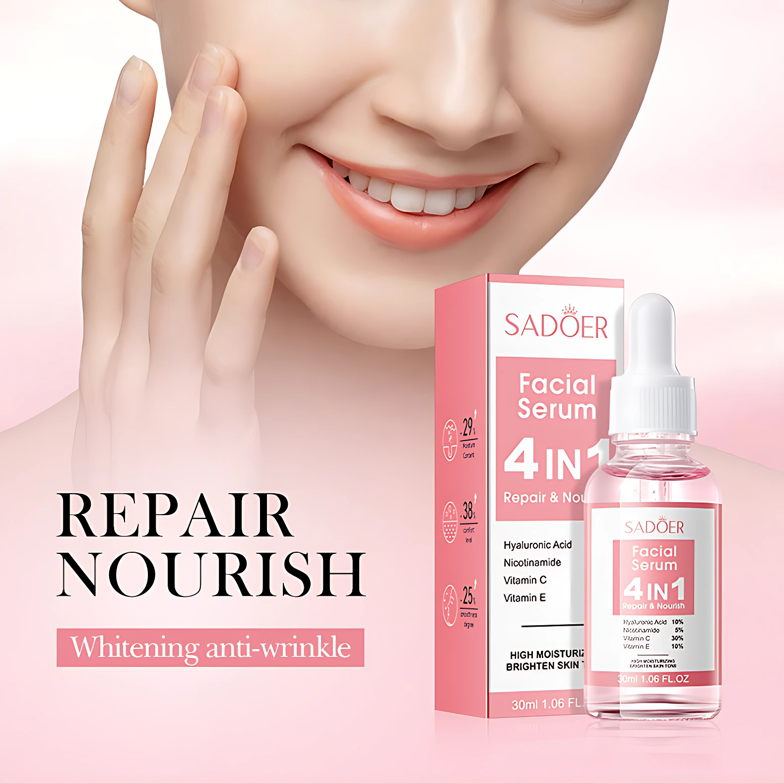 Serum facial Sadoer 4 en 1 para reparar y nutrir, mejora la piel, presentación 30ml.
