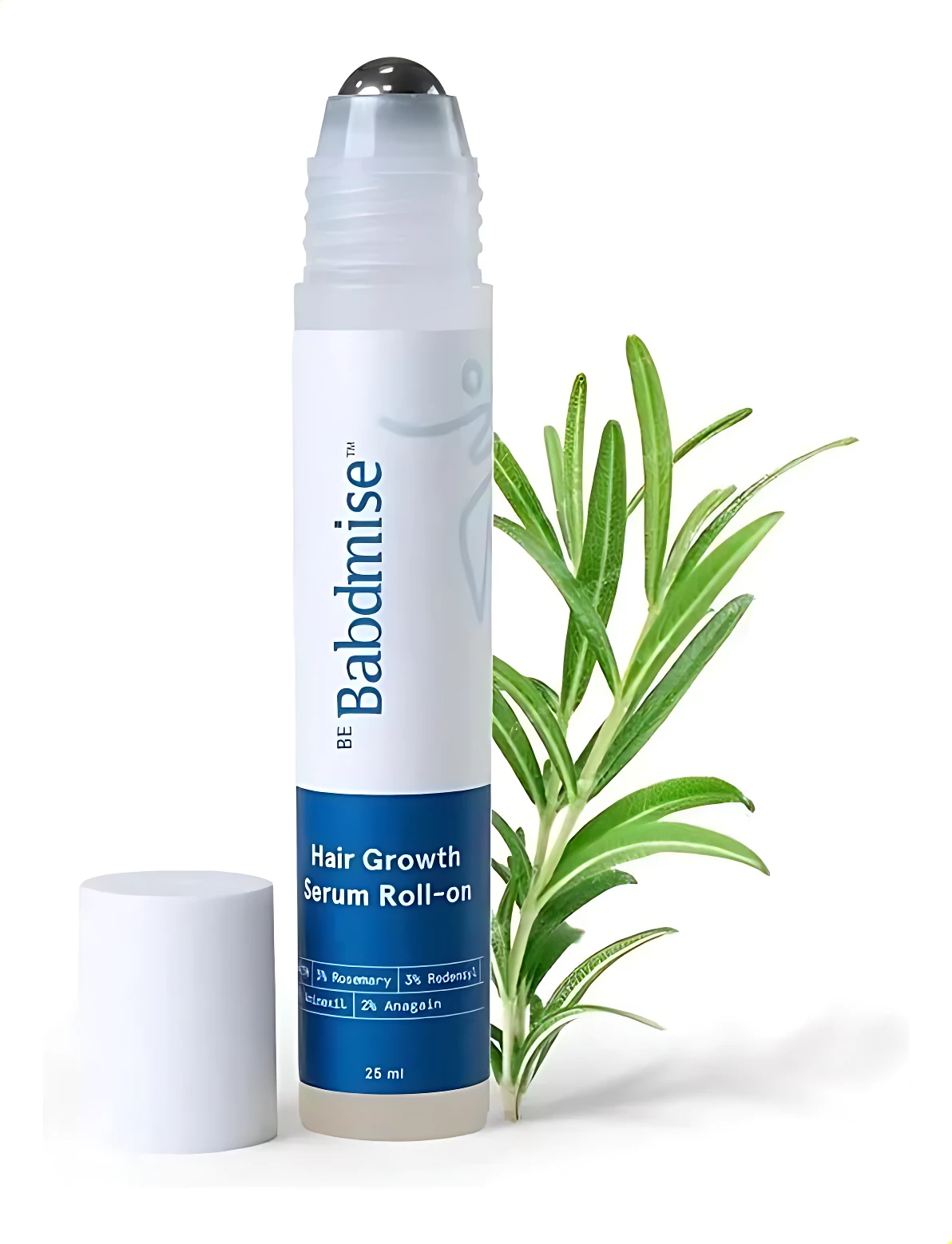 Serum capilar roll-on de 25 ml con aplicador metálico, romero y anagain, junto a una rama de romero fresco.