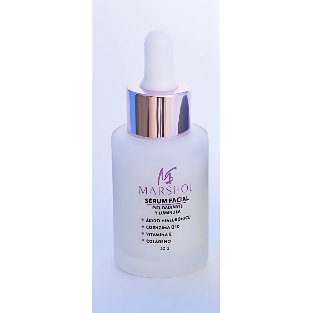 Serum facial Marshol en frasco esmerilado con aplicador, contiene ácido hialurónico, coenzima Q10, vitamina E y colágeno.