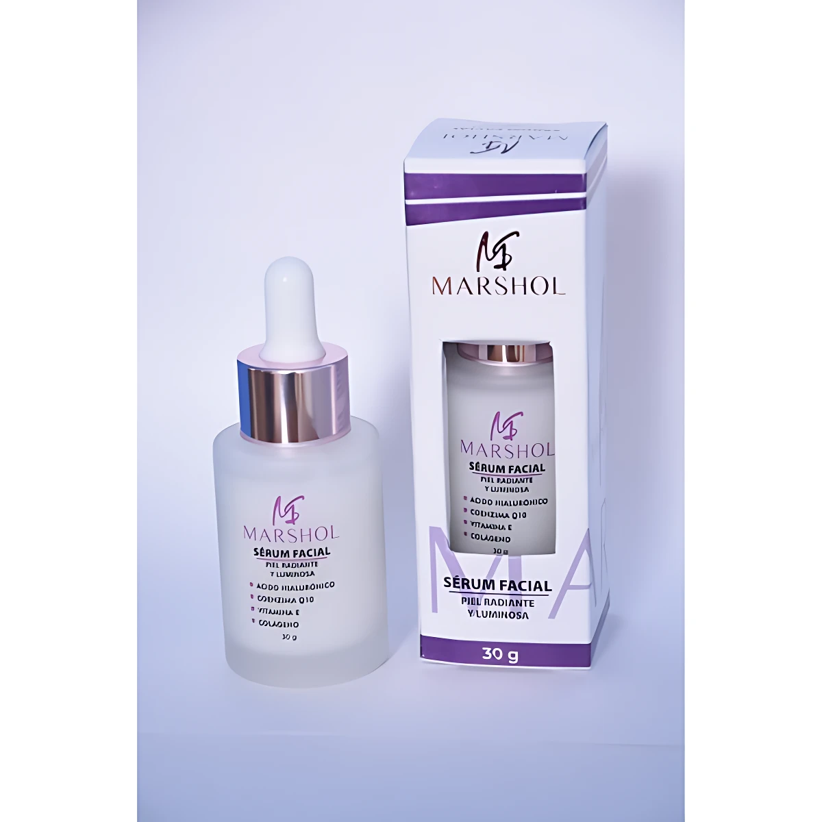 Serum facial Marshol en envase de vidrio esmerilado con gotero, caja blanca y morada, 30g.