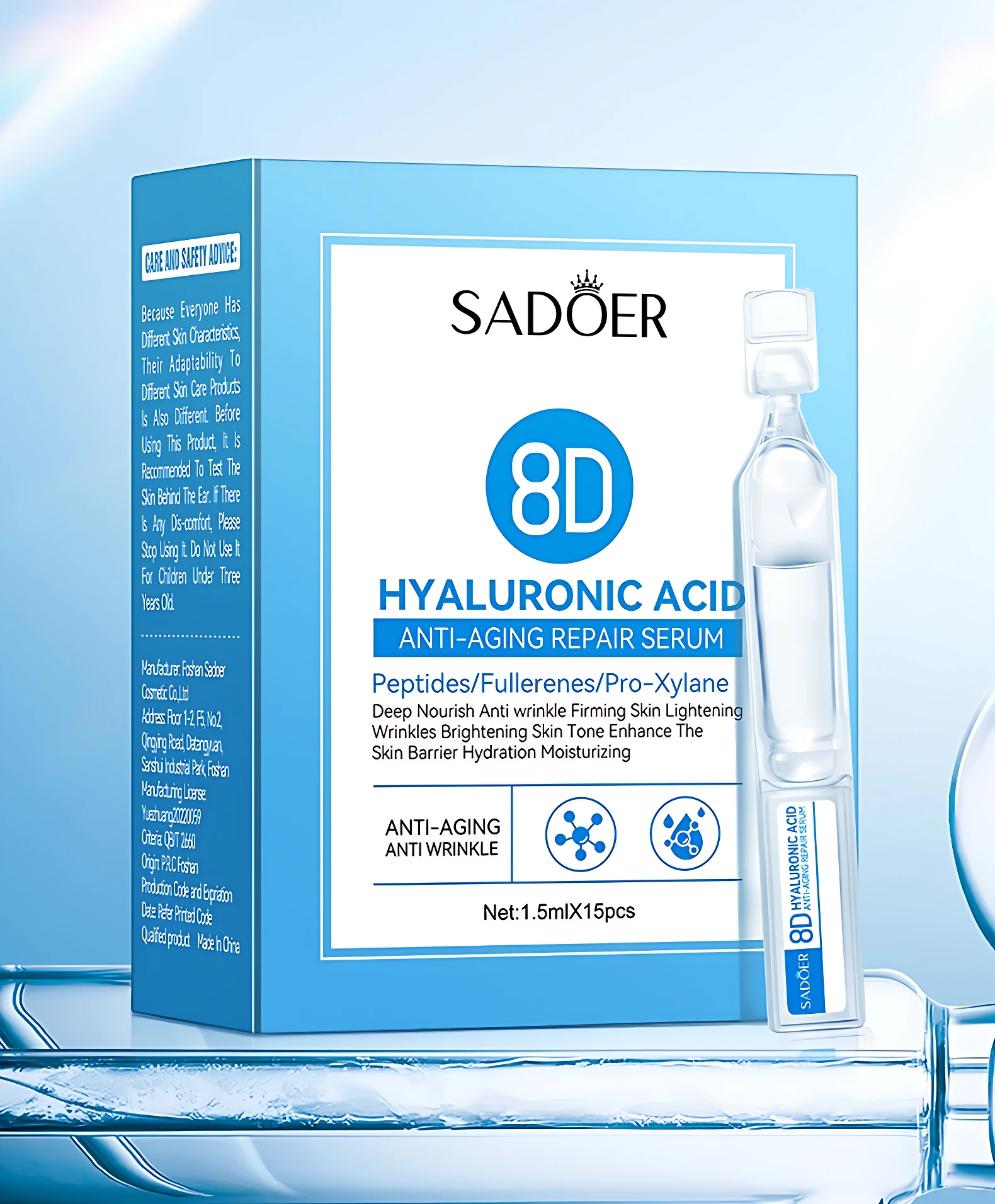 Set 3 ampollas Sadoer Ácido Hialurónico 8D, serum anti-edad con peptidas, reafirmante e hidratante.