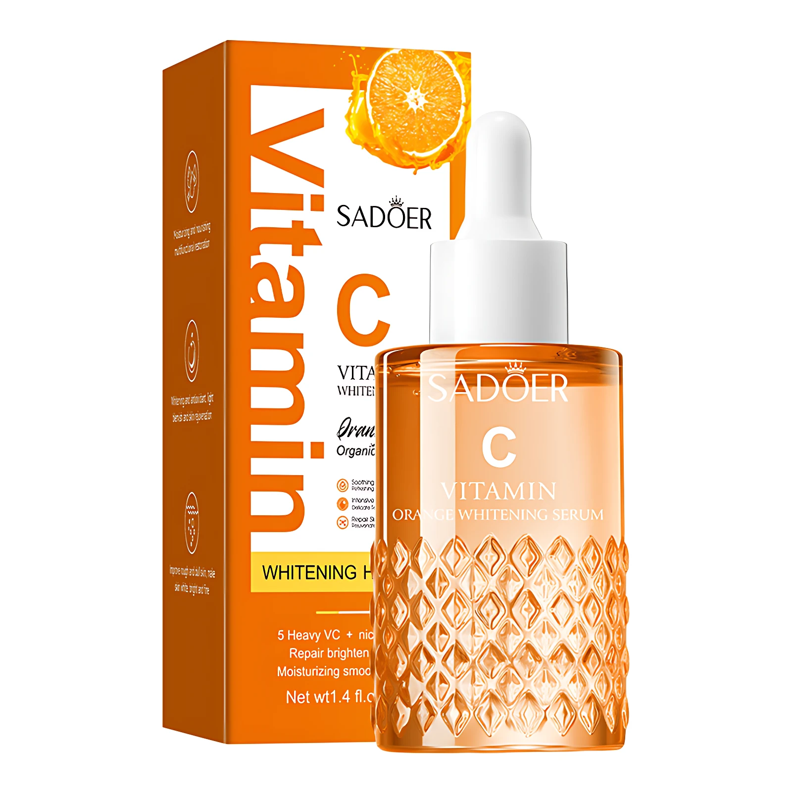 Sérum Sadoer Vitamina C Naranja en frasco vidrio texturizado, caja naranja con fruta.