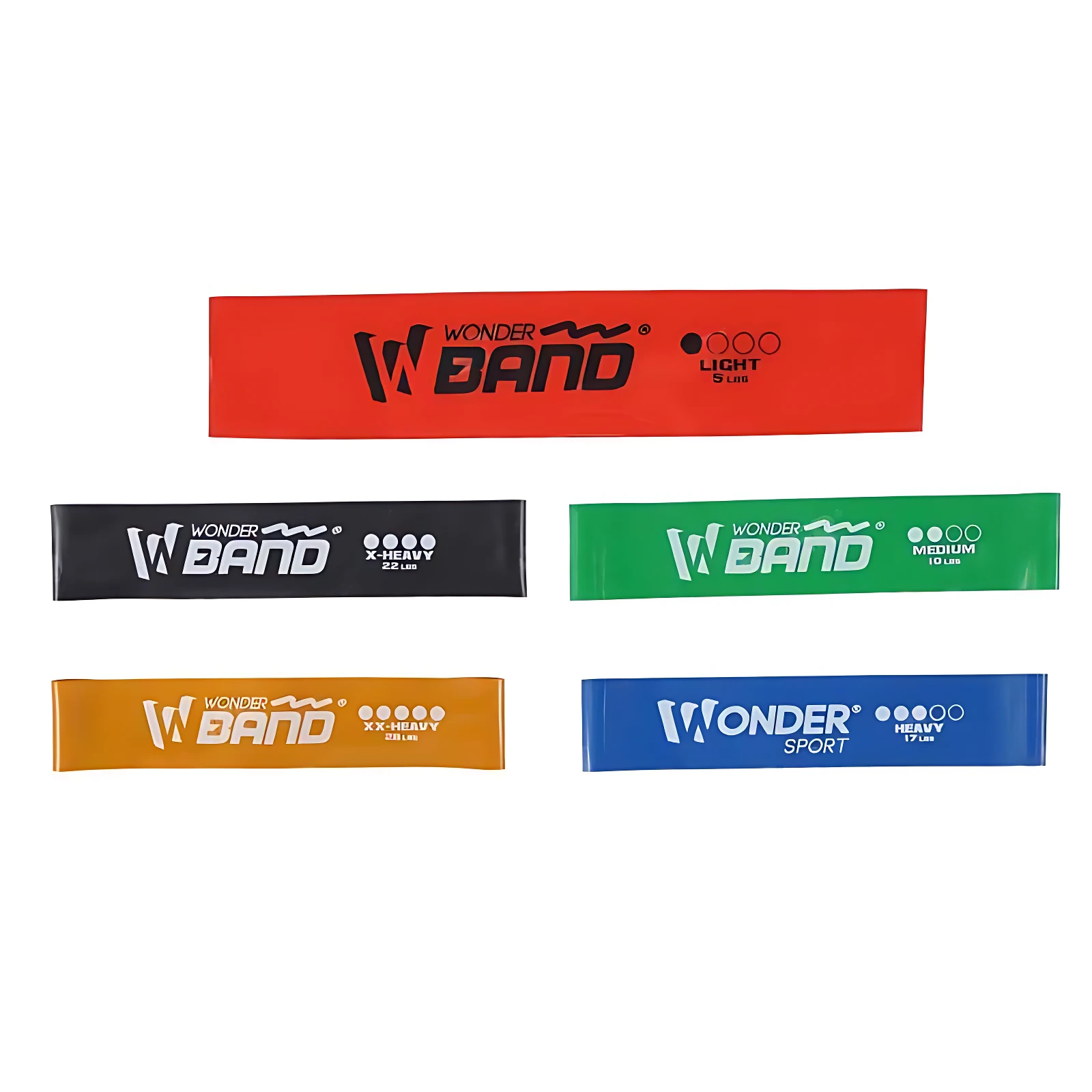 Set de 5 bandas elásticas Wonder Band: roja (light 5 lb), negra (x-heavy 22 lb), verde (medium 10 lb), naranja (xx-heavy 27 lb), azul (heavy 17 lb).