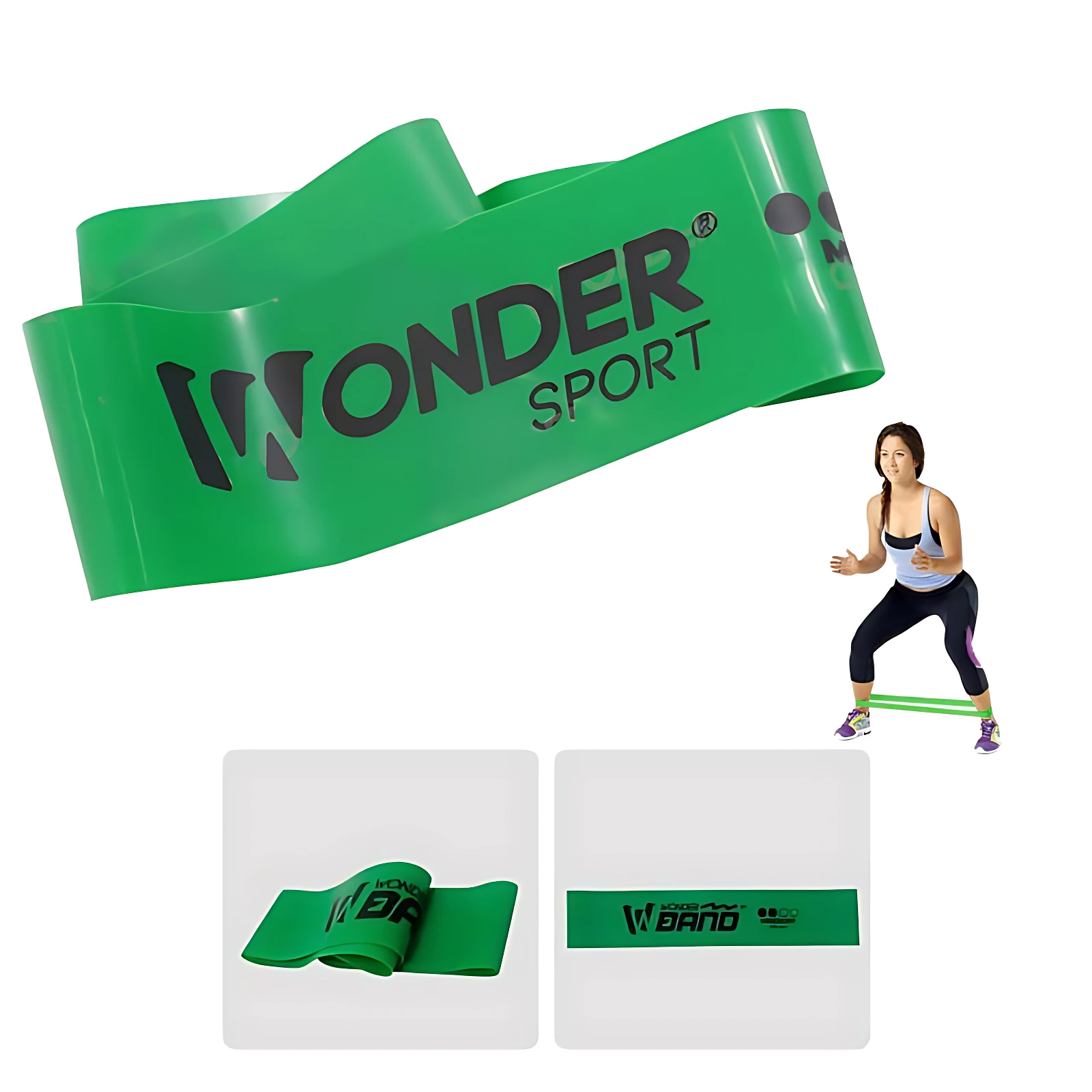 Banda elástica verde para ejercicio, con logo "WONDER SPORT", usada por mujer en sentadilla.
