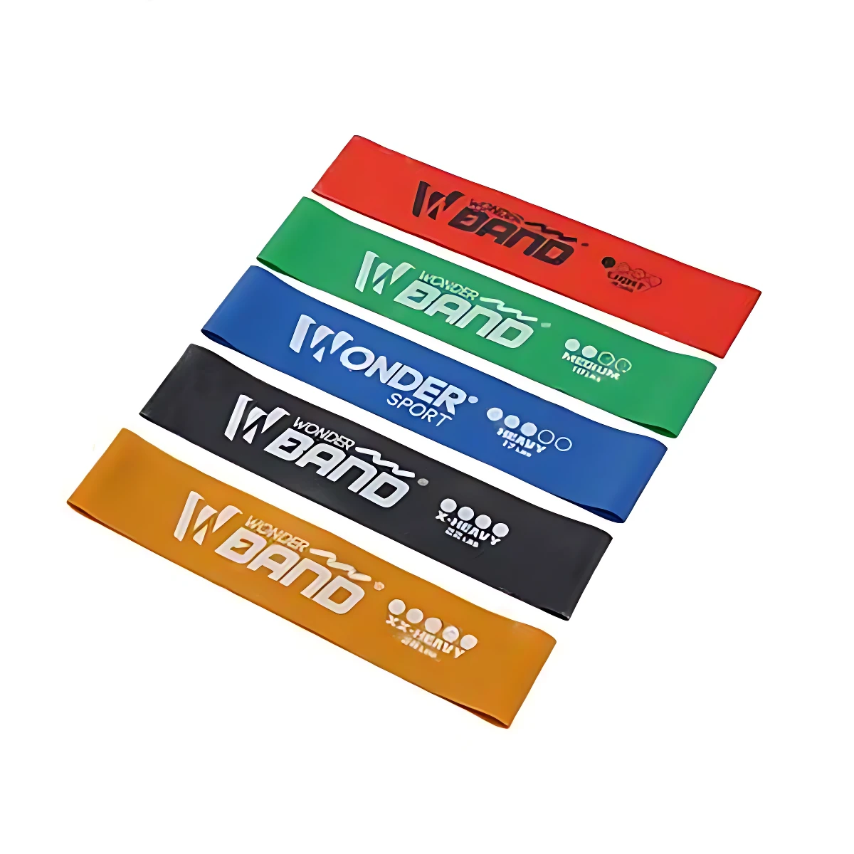 Set de 5 bandas elásticas de resistencia progresiva Wonder Band, colores rojo, verde, azul, negro y naranja, para entrenamiento.