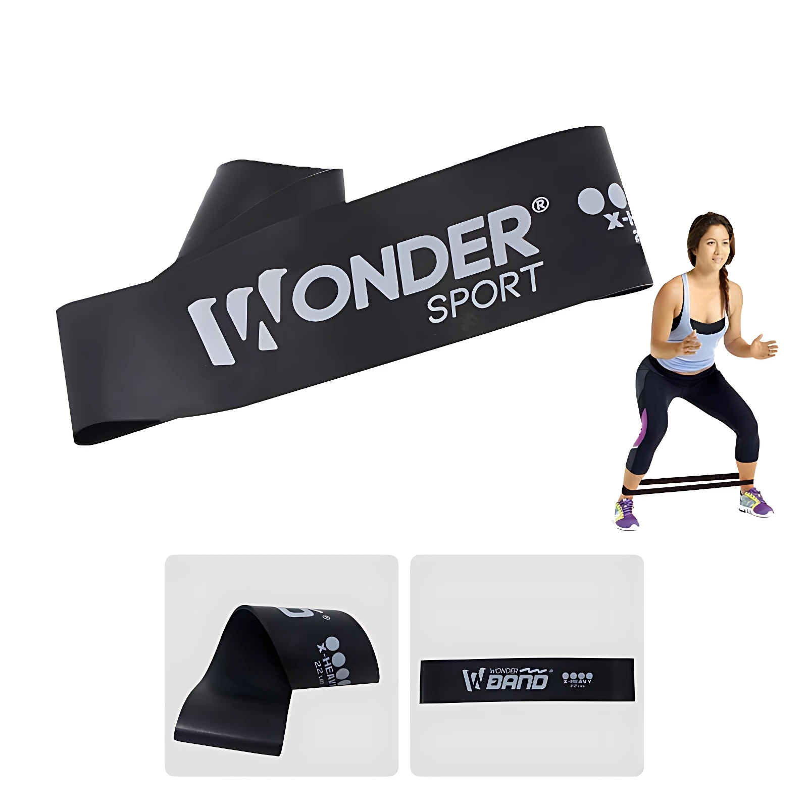 Banda elástica negra para ejercicio, marca Wonder Sport, X-Heavy, usada por mujer en sentadilla.