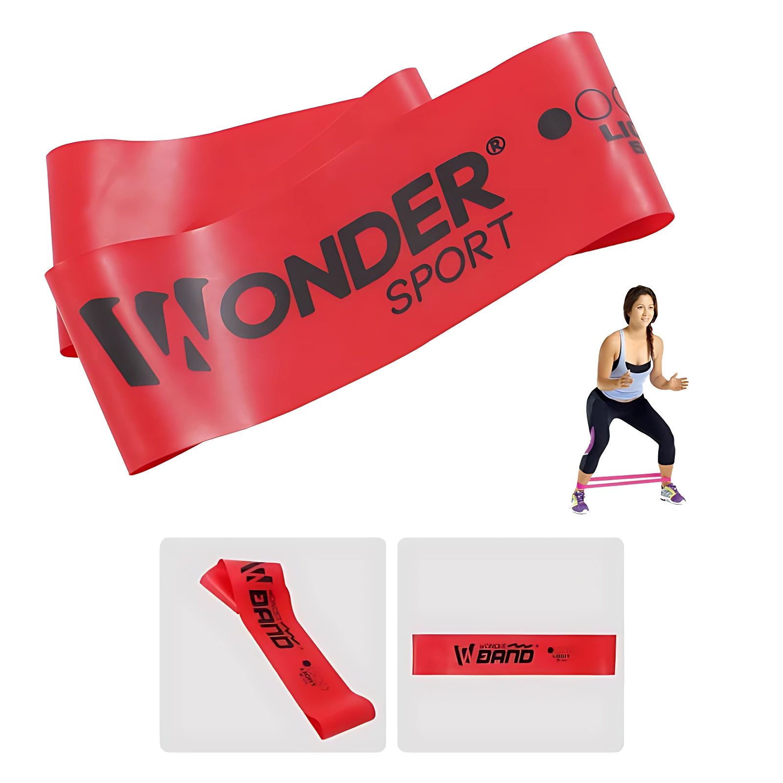 Banda elástica roja para ejercicio, marca Wonder Sport, con mujer haciendo sentadilla y banda rosa en tobillos.