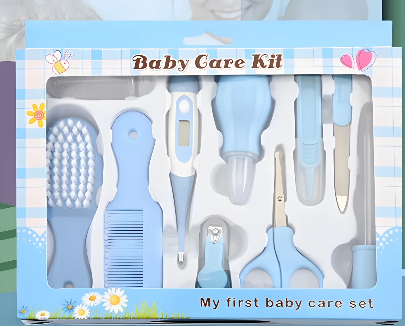 Set azul para cuidado de bebé: termómetro, cepillo, peine, cortaúñas, tijeras, aspirador nasal y lima.