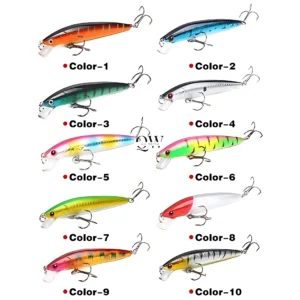 Set x3 señuelos de pesca flotantes, colores variados: naranja, azul, verde, plateado, rosa, amarillo, verde limón, rojo, y atigrado.