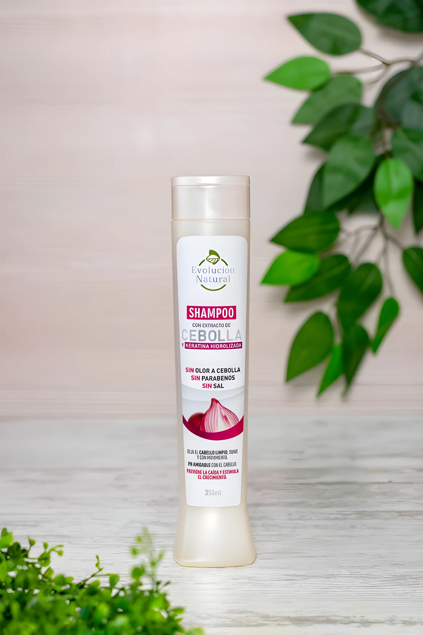 Shampoo Evolución Natural con extracto de cebolla y queratina, 350ml, ideal para el crecimiento capilar.