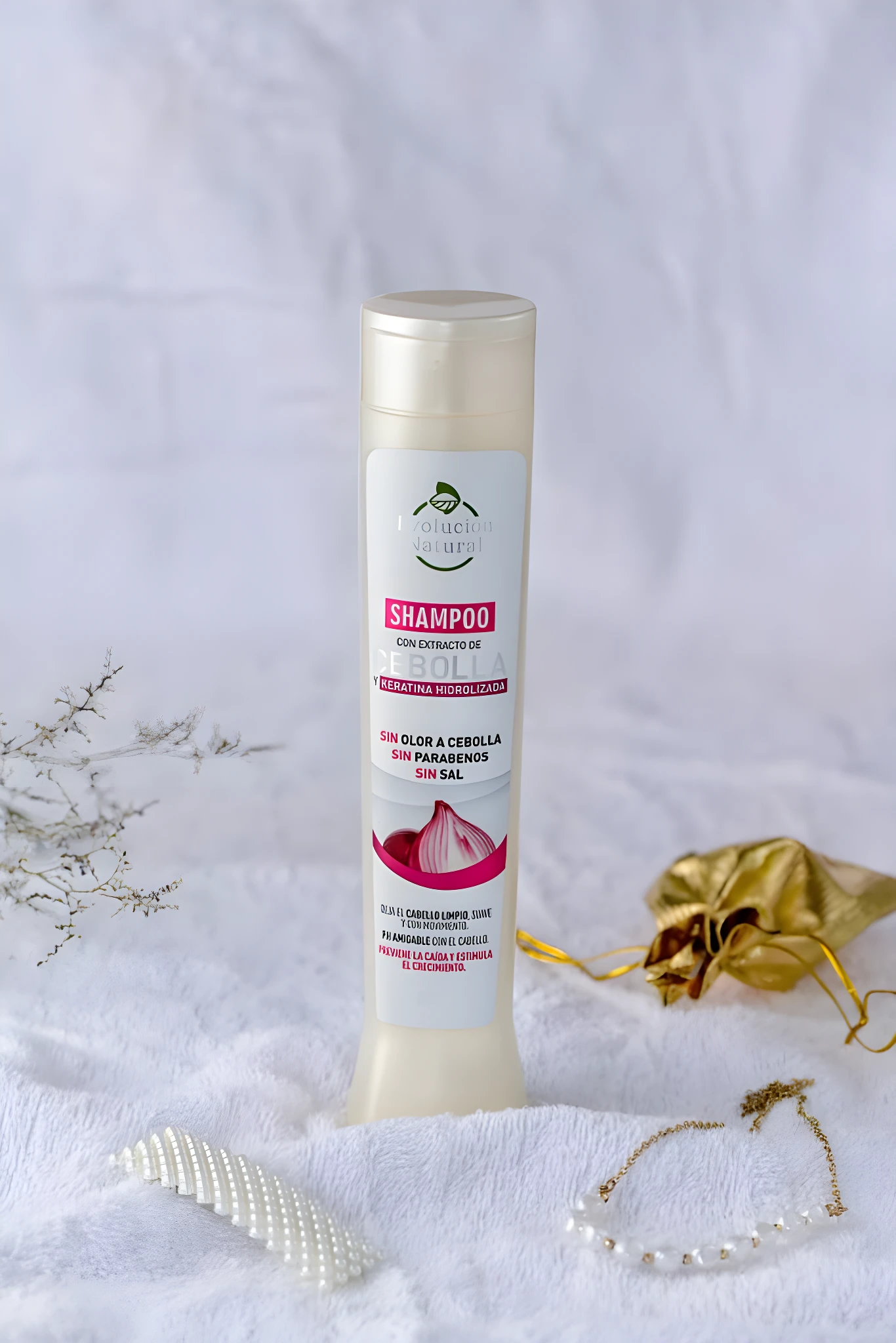 Botella de shampoo para cabello con extracto de cebolla y queratina hidrolizada, sin olor a cebolla, parabenos ni sal.