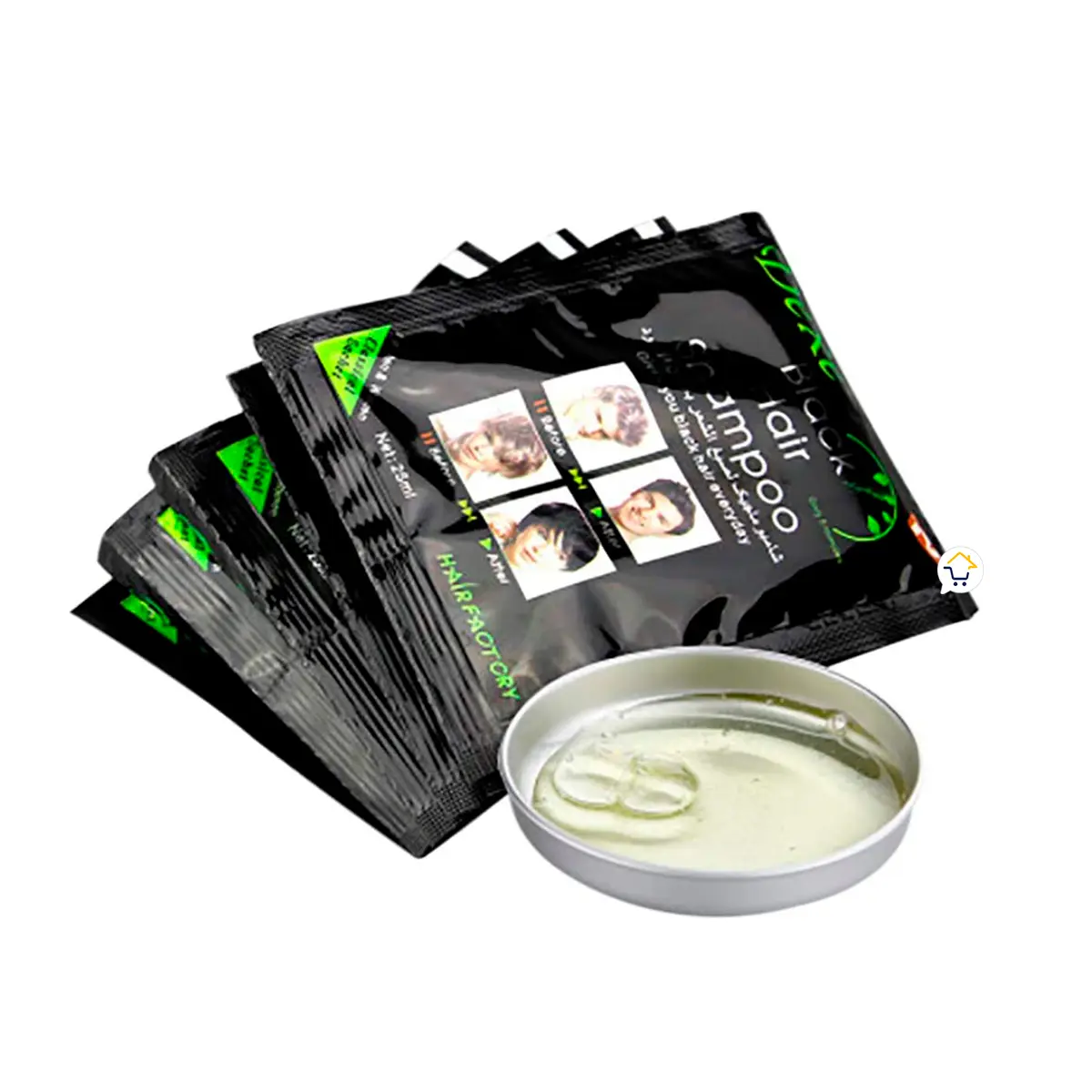 Set x10 sobres de Shampoo Black Hair para canas, tinte negro, con muestra de líquido.