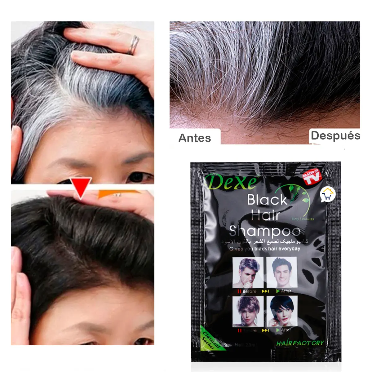 Set x10 Dexe Shampoo Black Hair cubre canas con tinte negro para cabello en sobres.