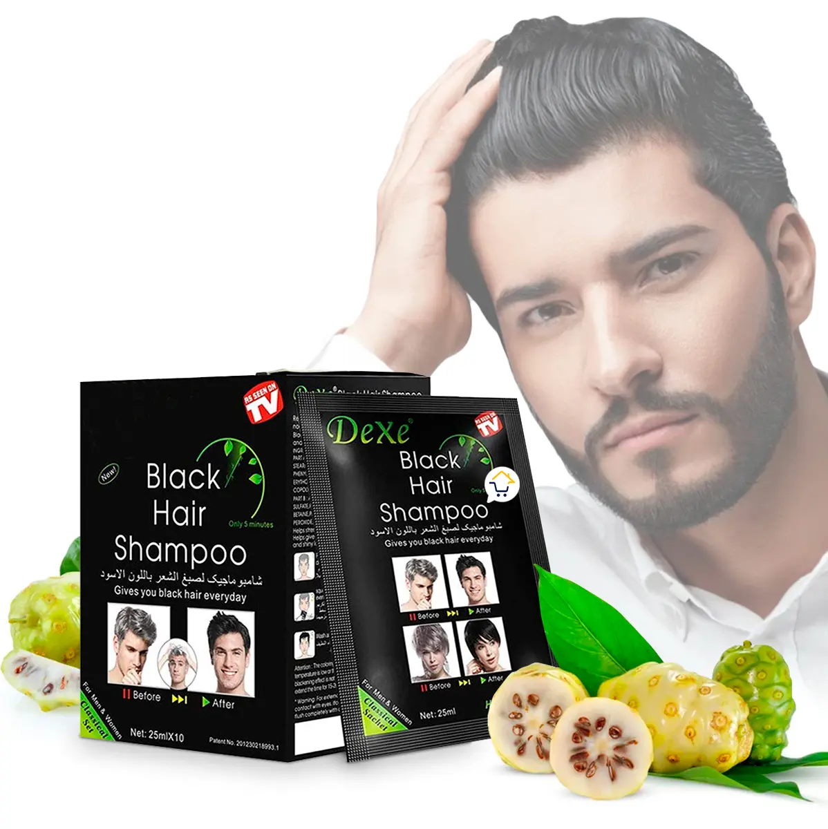 Set x10 sobres shampoo Dexe Black Hair cubre canas, tinte negro para cabello, con modelo.