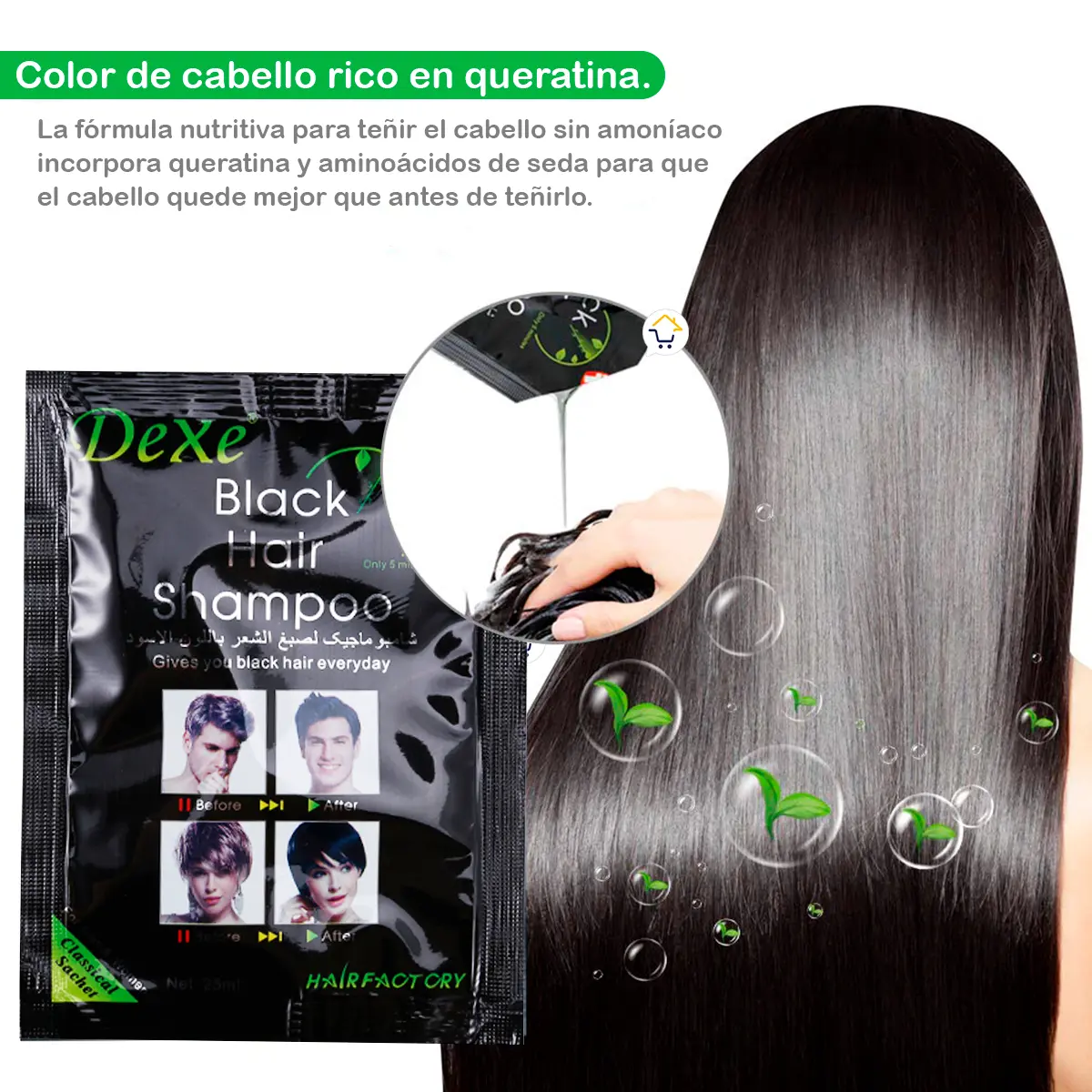 Dexe Black Hair Shampoo: 10 sobres para cubrir canas. Tinte negro para cabello.