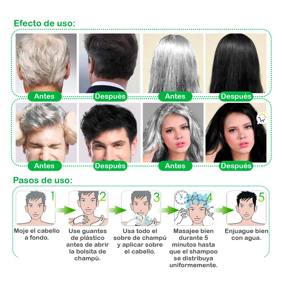 Set x10 Shampoo Black Hair: antes y después cubriendo canas. Pasos de uso.