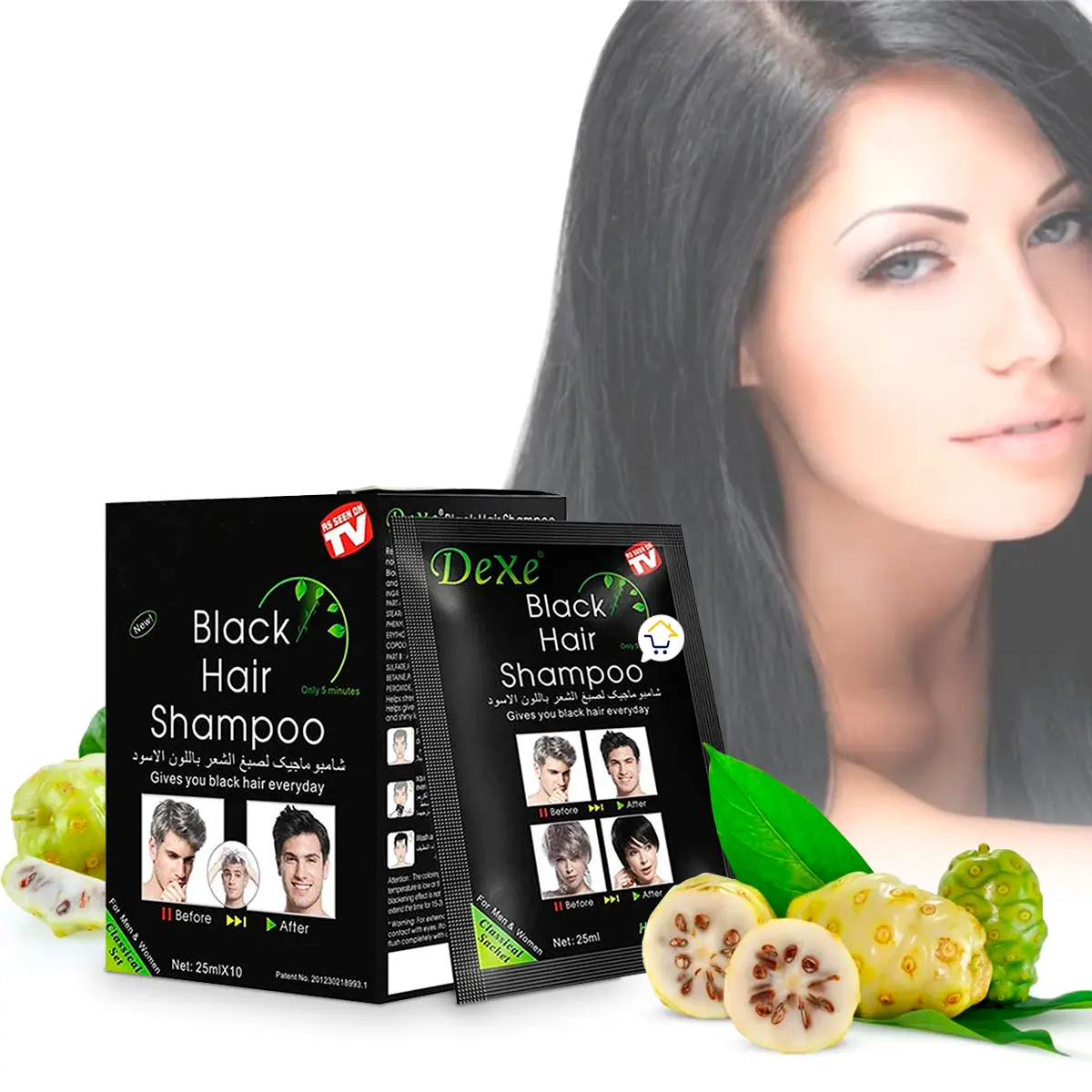 Set x10 Dexe Black Hair Shampoo tinte negro cubre canas, con modelo de cabello antes y después.