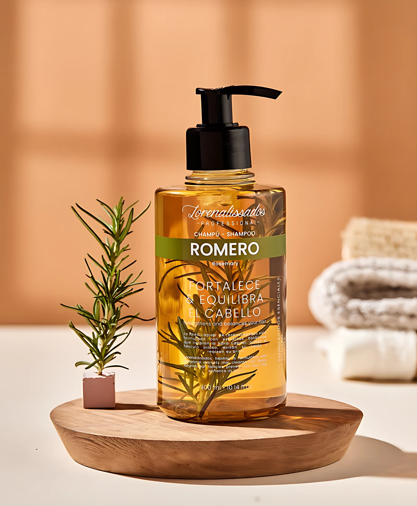 Shampoo Romero 300ml Lorenalissados Botánico en envase transparente con dispensador negro, ideal para fortalecer el cabello y prevenir su caída.