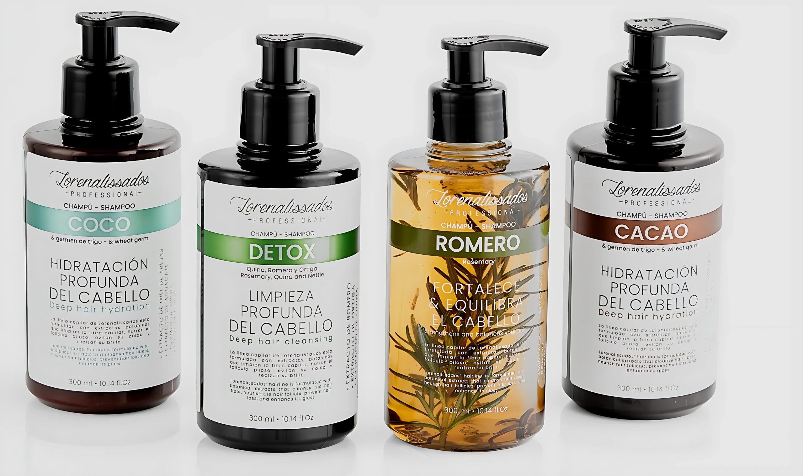 Botellas de shampoo Lorenalissados 300ml: Coco, Detox, Romero y Cacao, para hidratación y fortalecimiento capilar.