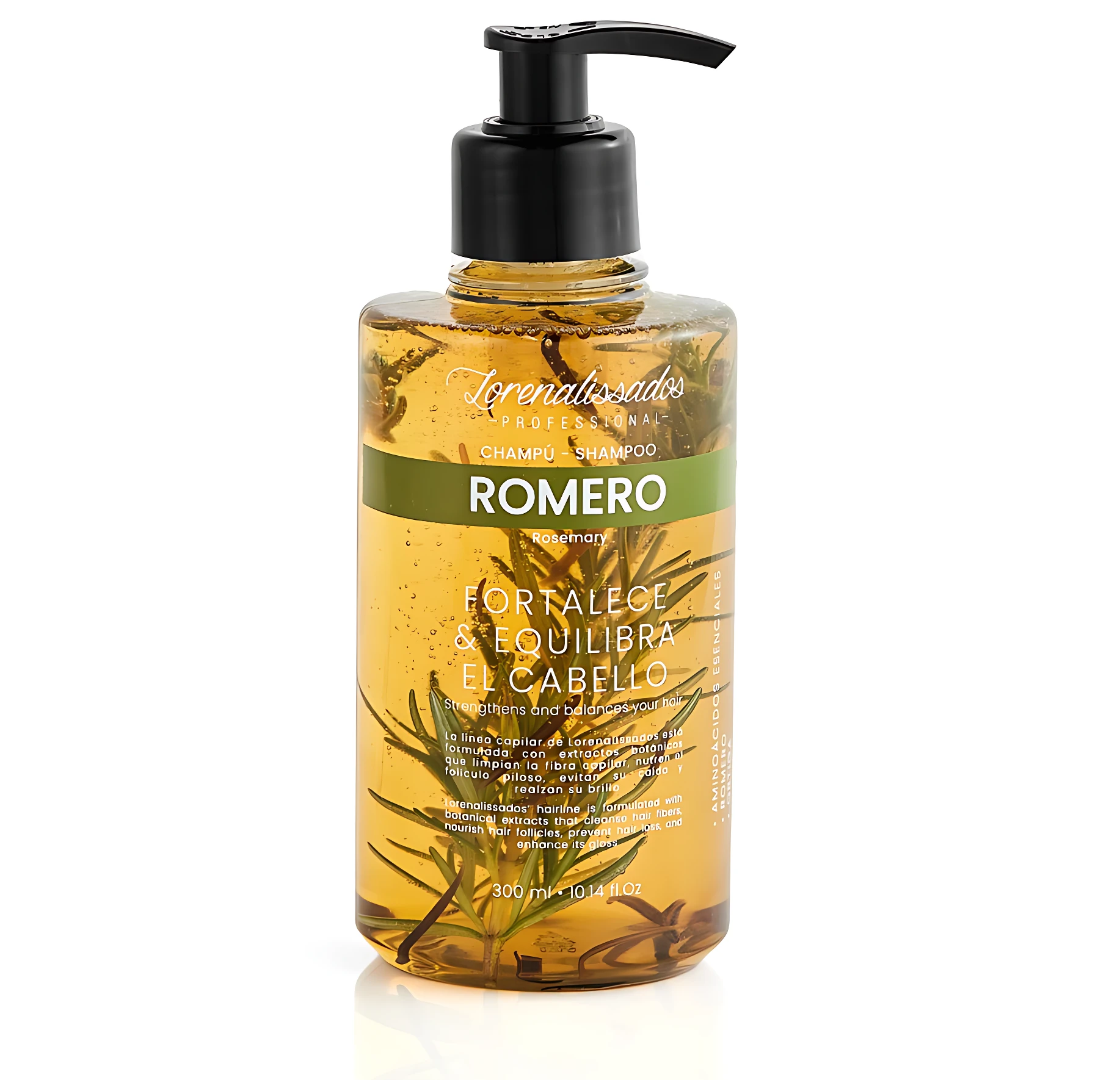 Botella de shampoo Romero 300 ml con extractos botánicos, fortalece y previene caída.