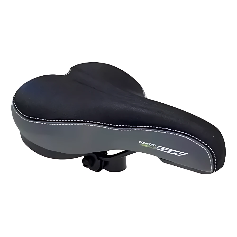 Sillín de bicicleta GW Reso negro y gris, diseño antiprostatico con costuras blancas, ideal para confort en recorridos largos.