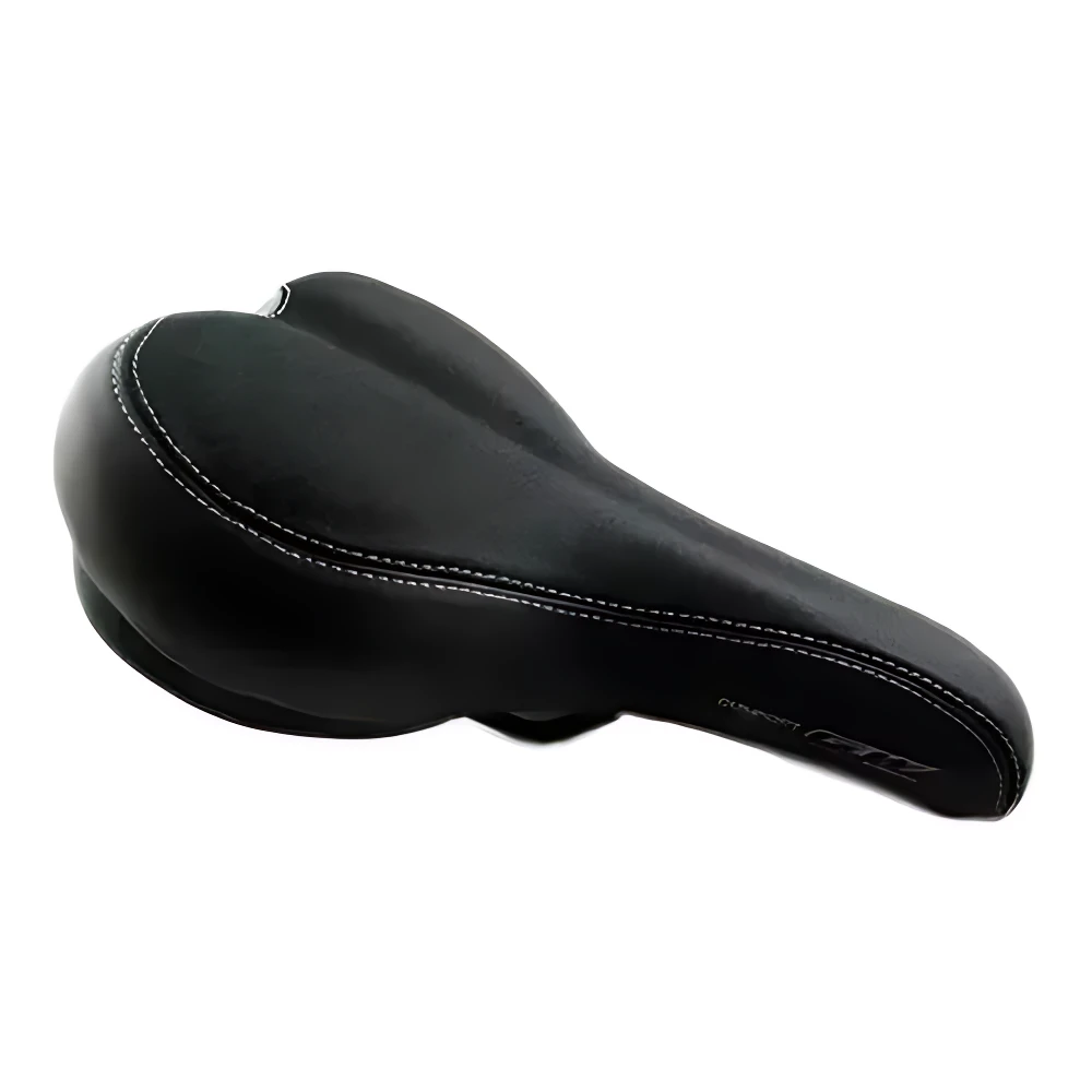 Sillín de bicicleta GW antiprostatico negro con costuras blancas, diseño ergonómico para confort.