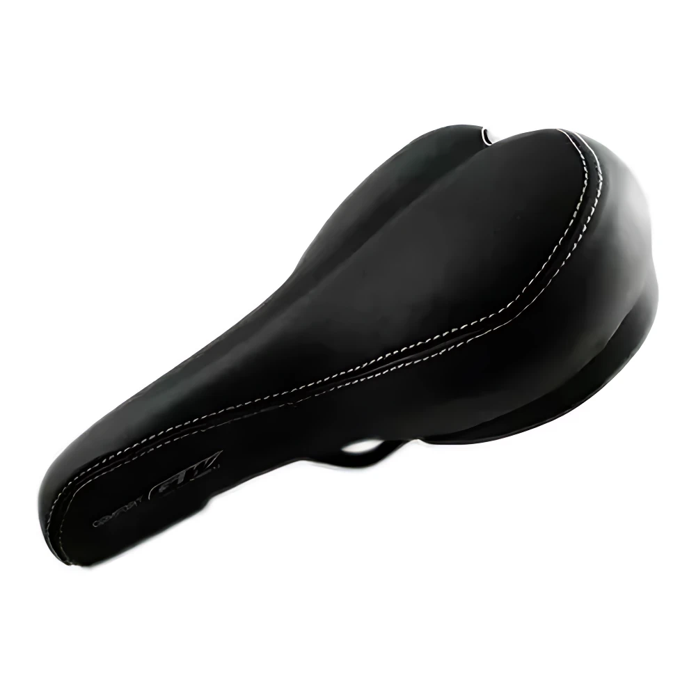 Sillín de bicicleta GW negro, antiprostatico, con costuras blancas, ideal para recorridos largos y confort.