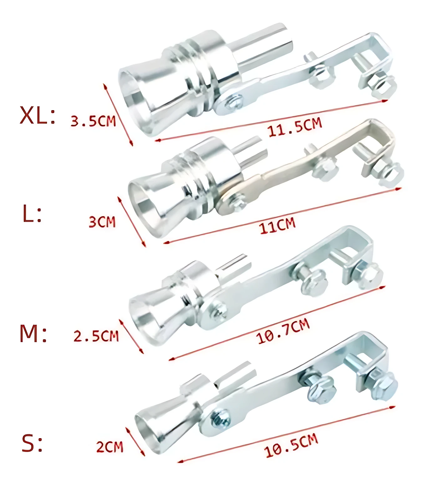 Set x2 silbatos turbo para coche, simulan rugido deportivo. Incluye tallas XL (3.5cm), L (3cm), M (2.5cm) y S (2cm) con medidas de 11.5cm, 11cm, 10.7cm y 10.5cm respectivamente.