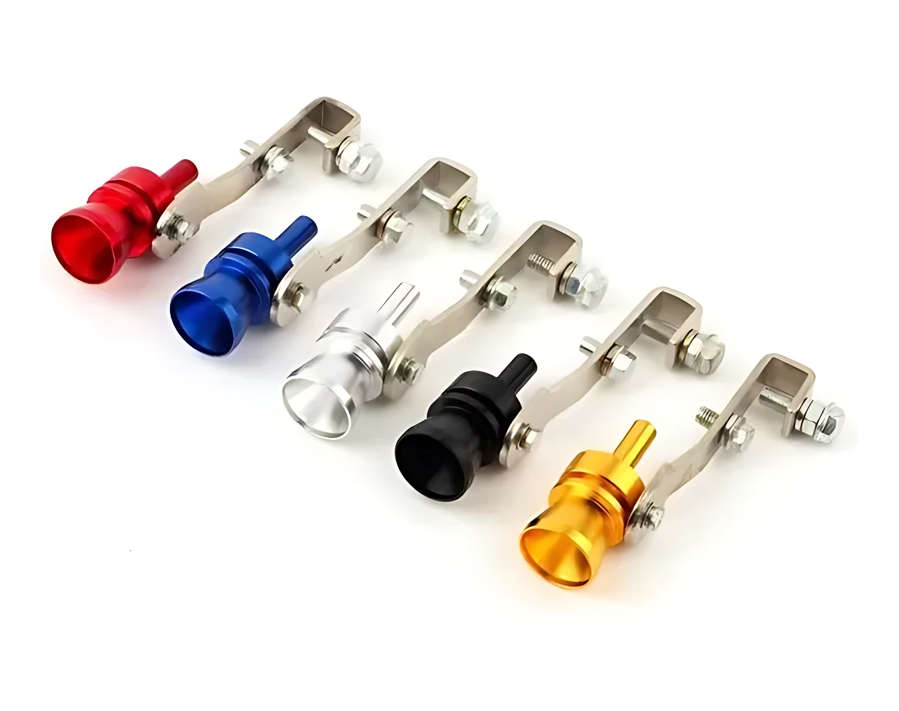 Set de 5 silbatos de sonido turbo para coche en colores rojo, azul, plateado, negro y dorado.