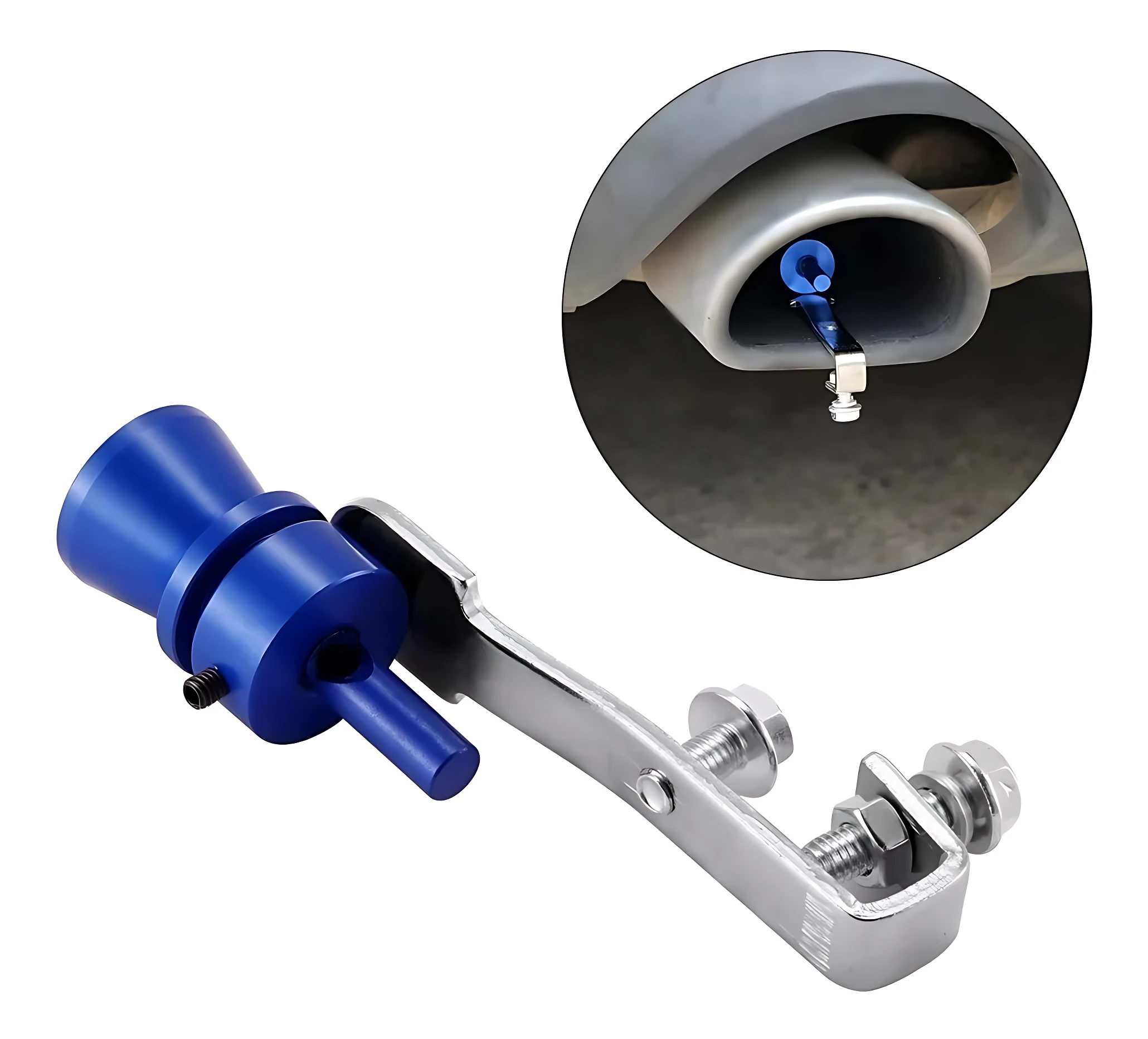 Silbato turbo azul para escape de coche, simula sonido deportivo, con abrazadera metálica ajustable.