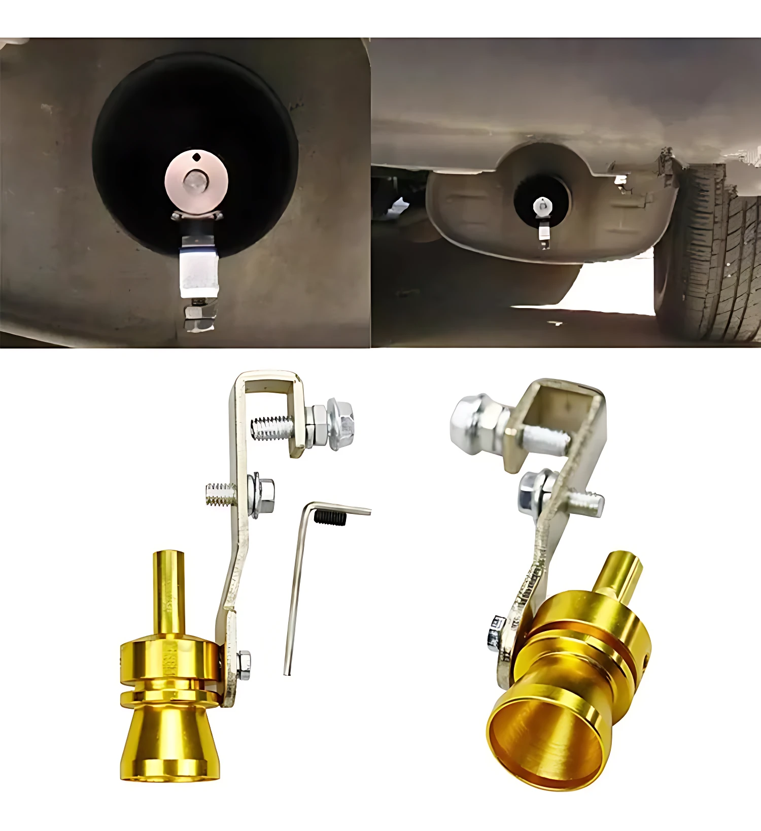 Set x2 silbatos turbo dorados para coche, simulan sonido deportivo, se fijan a tubo de escape.