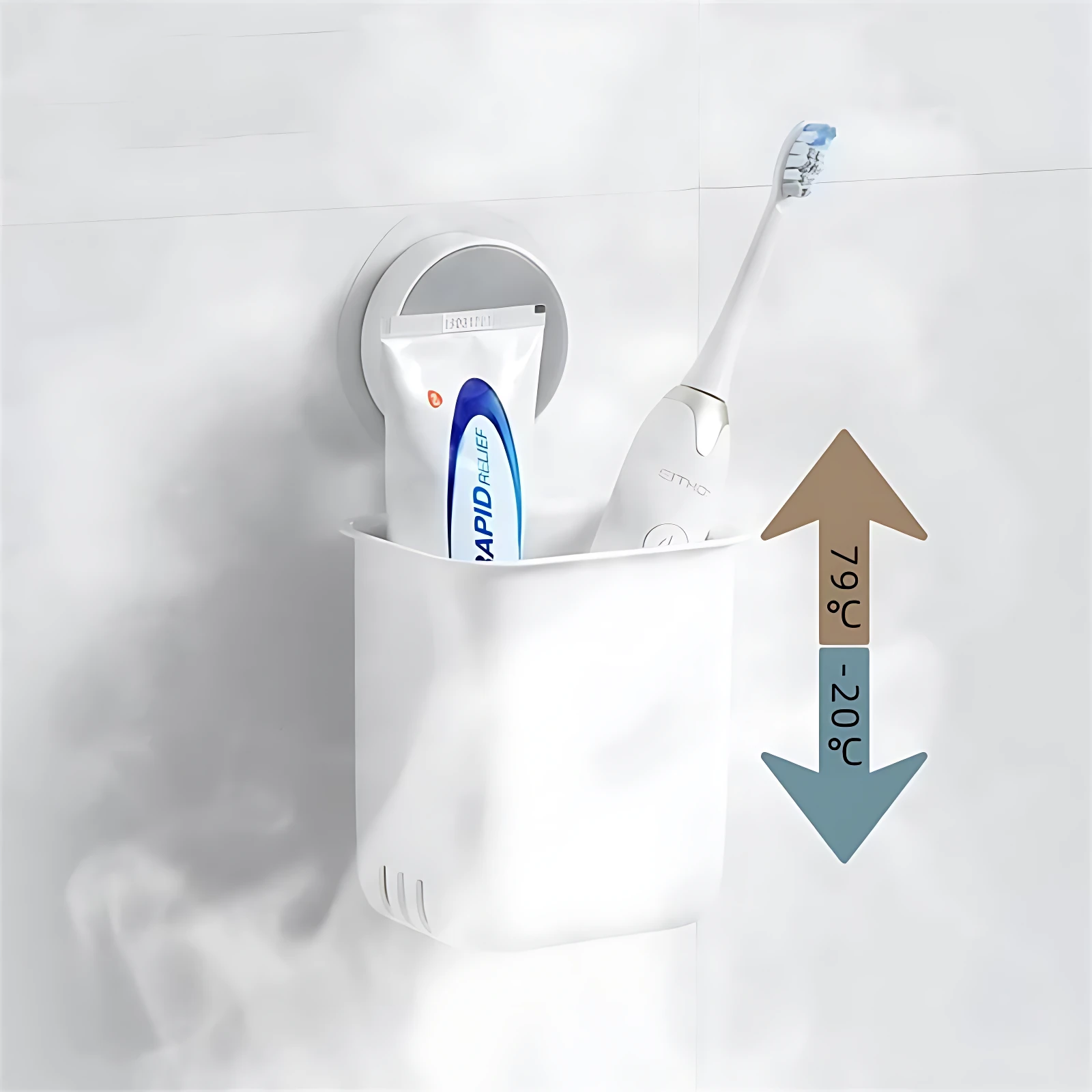 Organizador adhesivo blanco para baño con cepillo dental eléctrico y pasta de dientes.