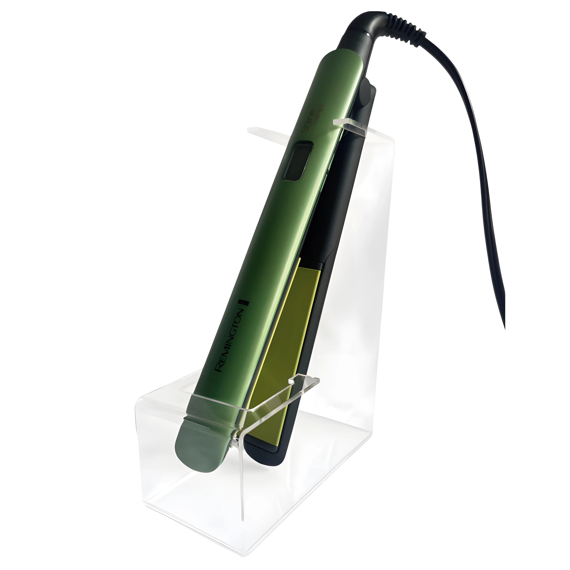 Plancha para cabello Remington verde con placas amarillas, en soporte organizador acrílico transparente.