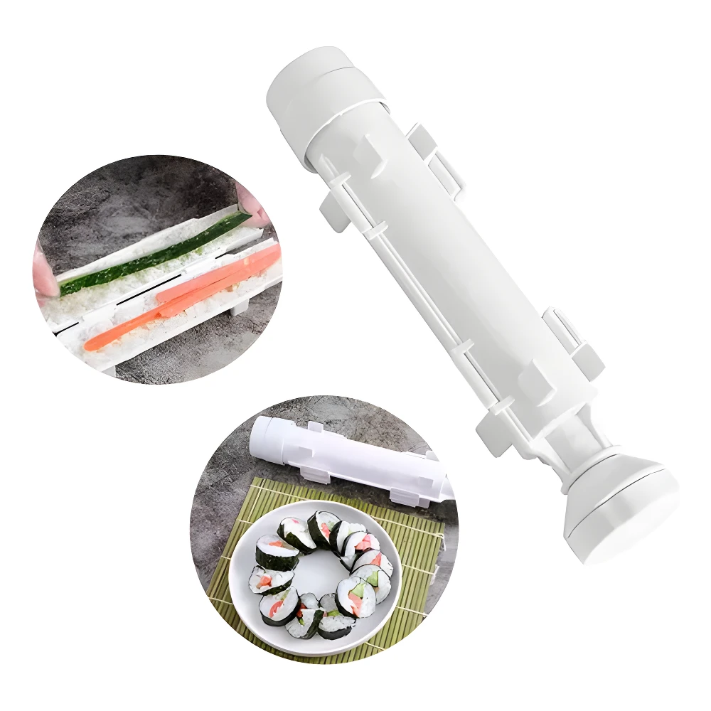 Molde blanco para hacer sushi cilíndrico en forma de tubo, con ingredientes y rollos terminados en plato.