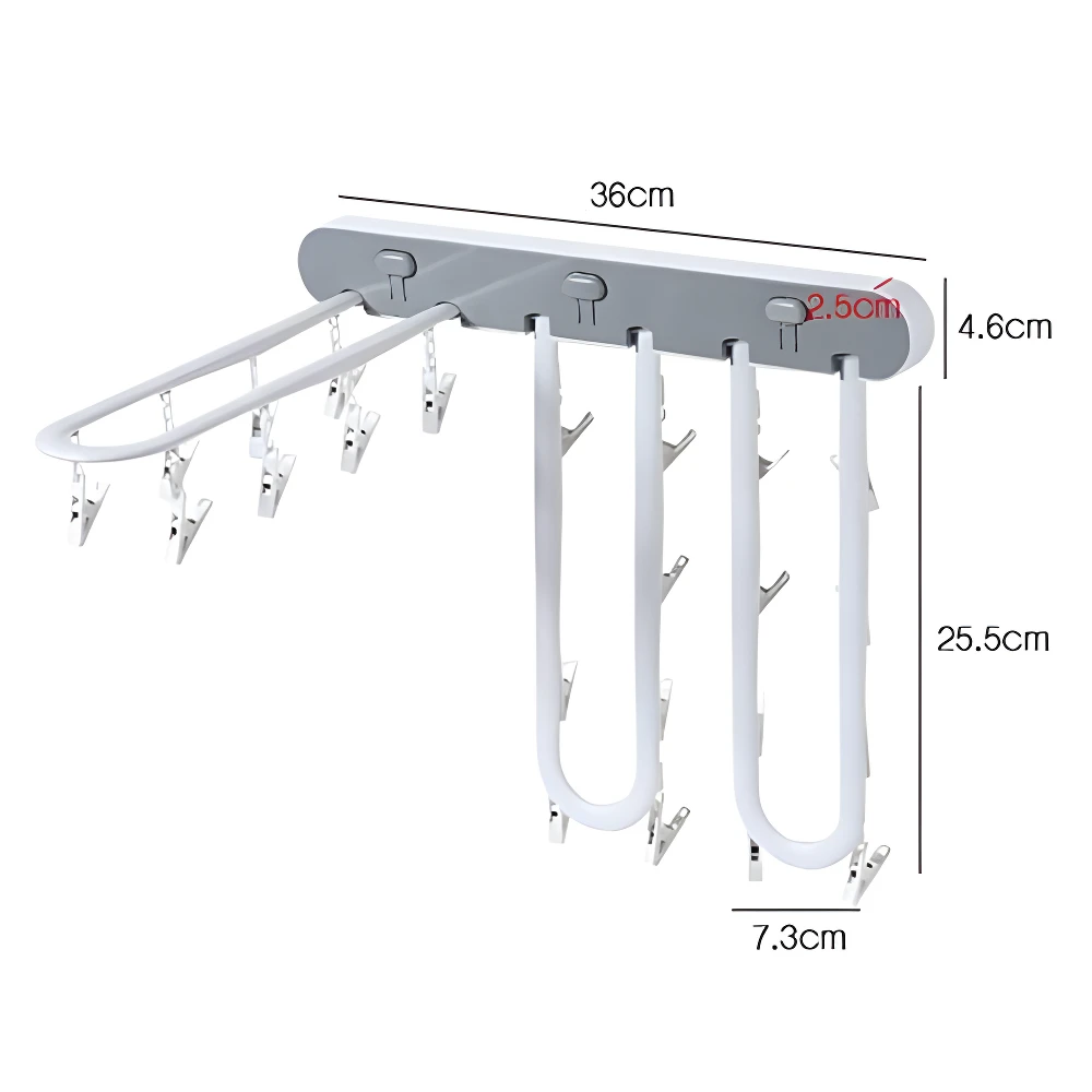 Tendedero plegable blanco para espacios pequeños, con 4 colgadores en forma de U y 1 arco con pinzas, mide 36cm de ancho.