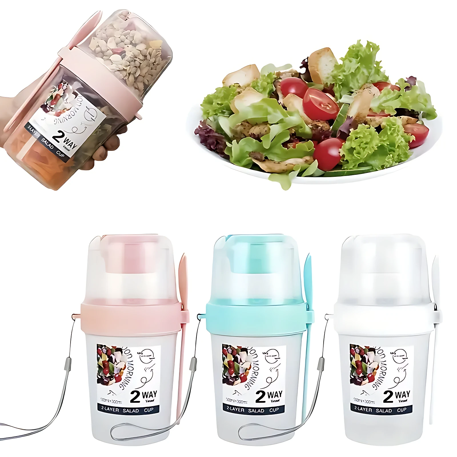 Set x2 termos rosado, azul y blanco para proteínas con cuchara, 2 capas, 500+150ml.
