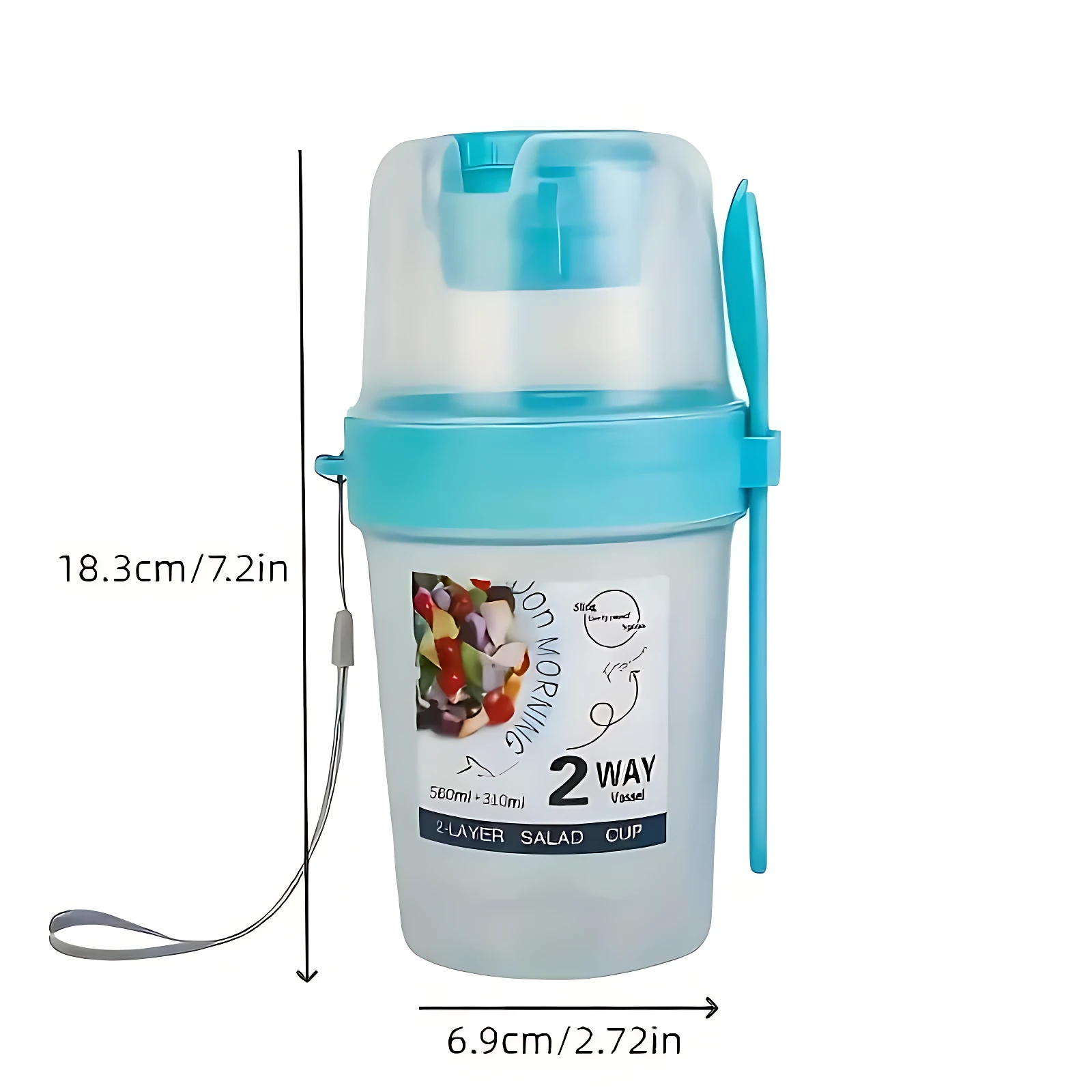Termo azul de 2 capas para ensaladas y bebidas, 18.3cm de alto, con cuchara y correa.