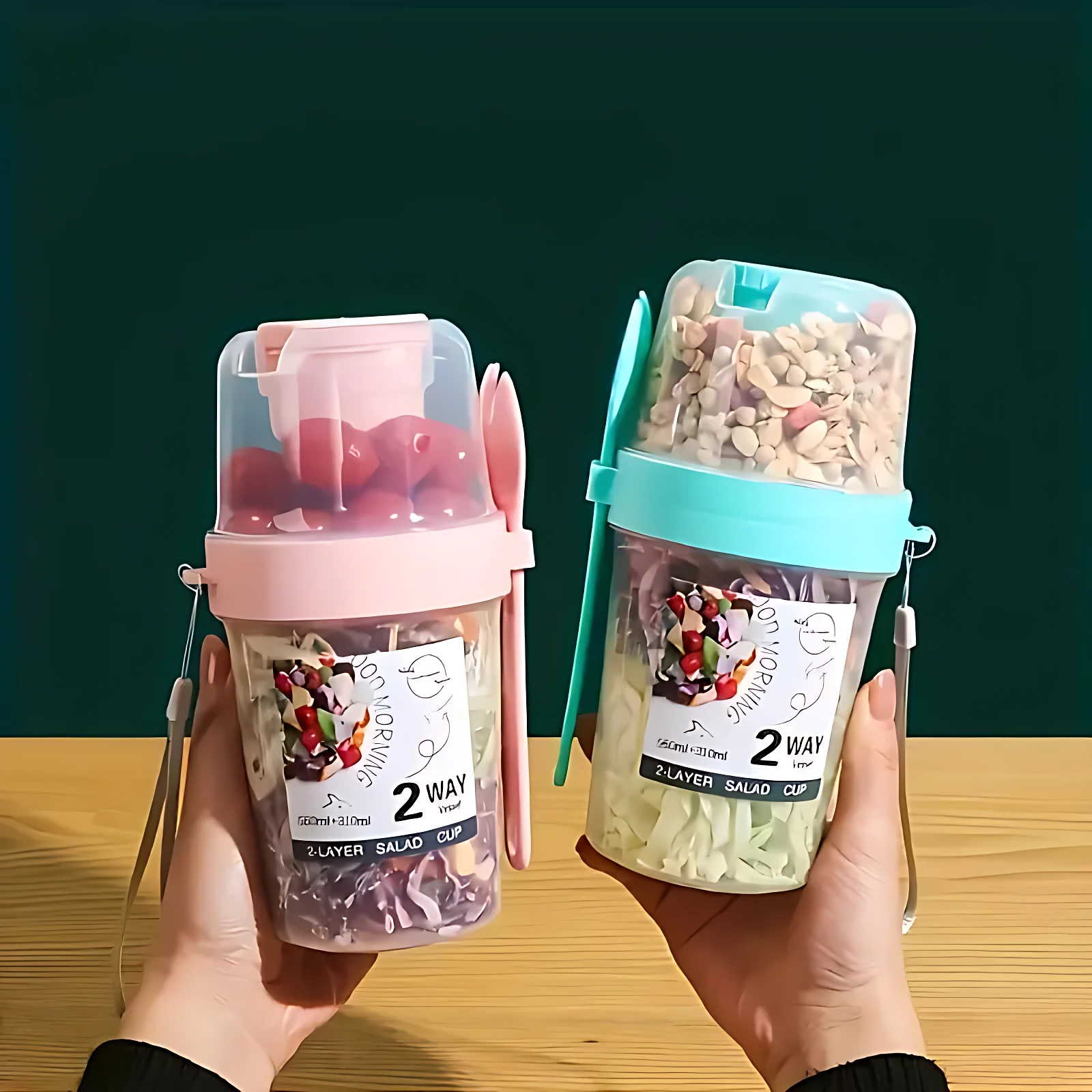 Set x2 termos portátiles para proteínas, uno rosa con tomates y otro azul con frutos secos, para organizar comidas.