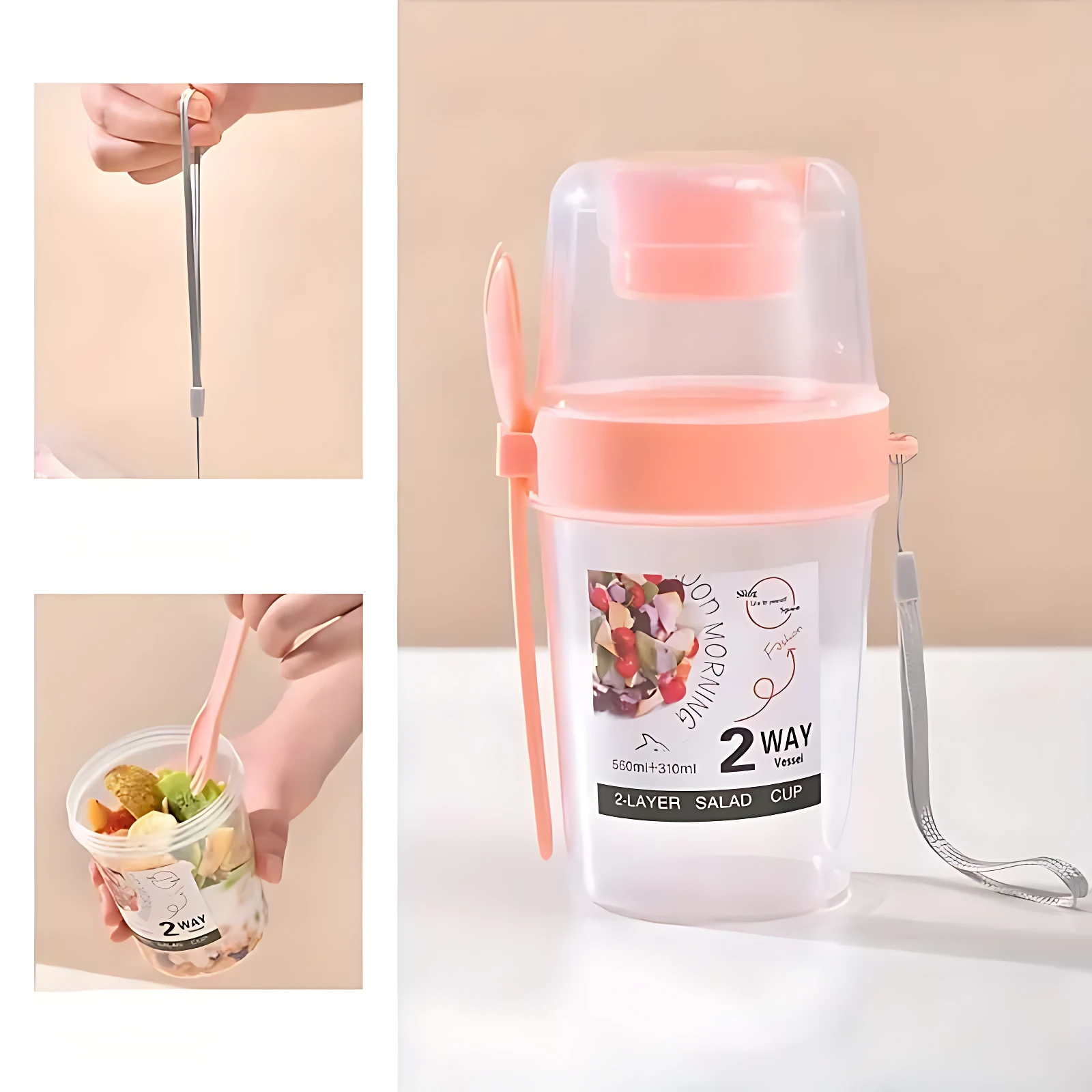 Termo portátil de 2 capas color melocotón con cuchara, ideal para ensaladas y yogur.