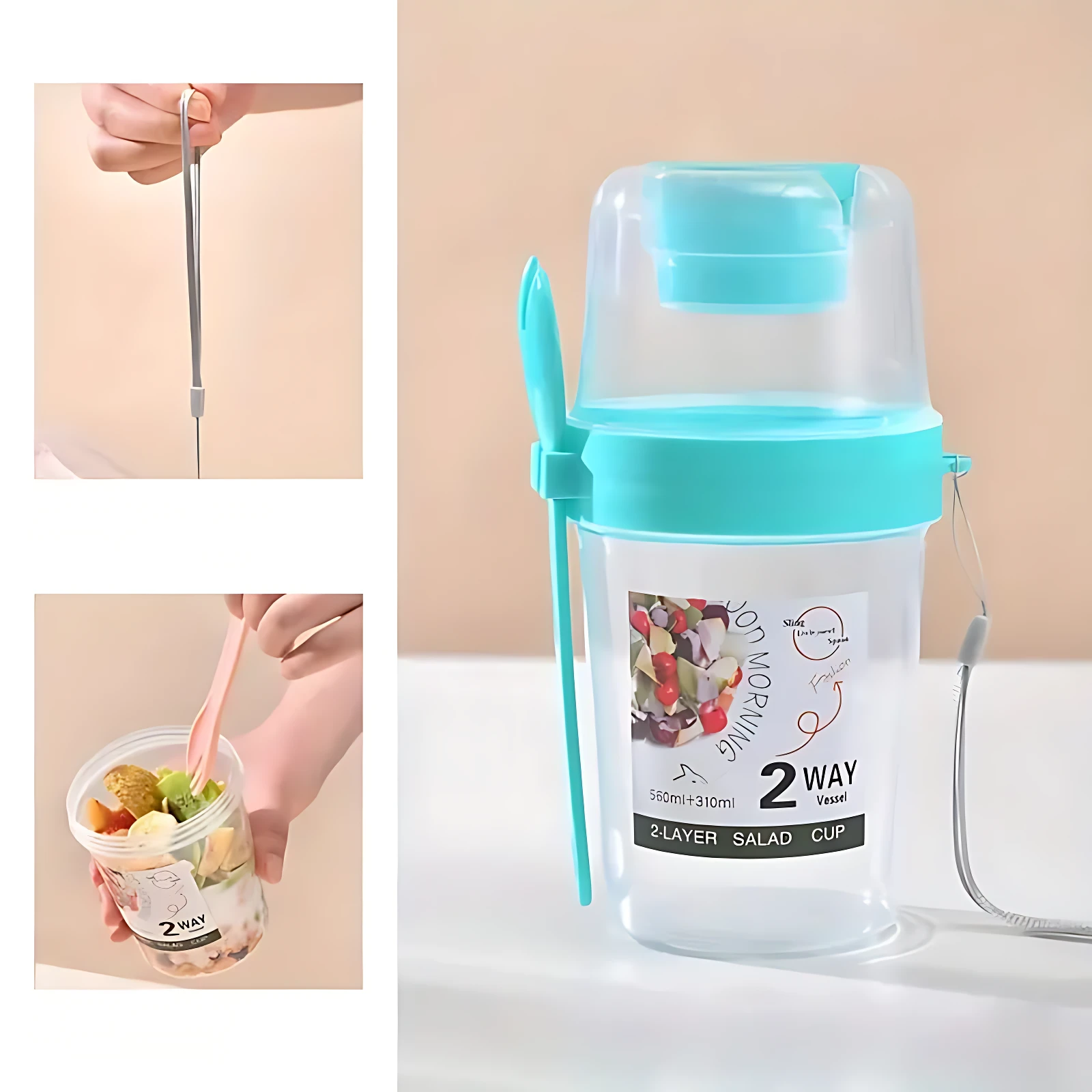 Termo portátil azul para ensaladas y proteínas, 560ml+310ml, con cuchara y tapa.
