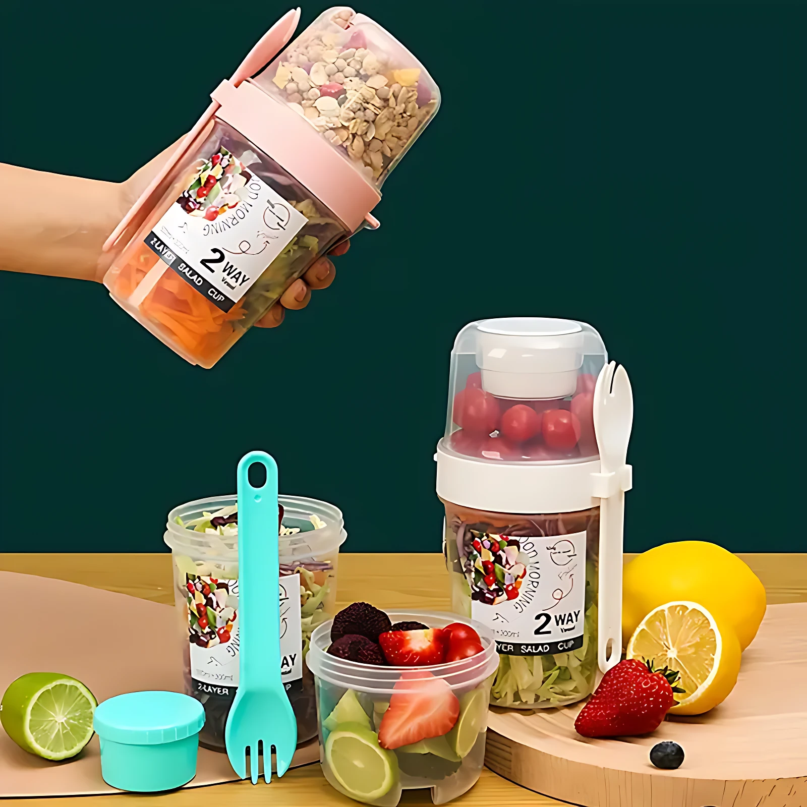 Set x2 termos portátiles rosado y blanco para ensaladas y cereales con cubiertos, ideal para comidas saludables.